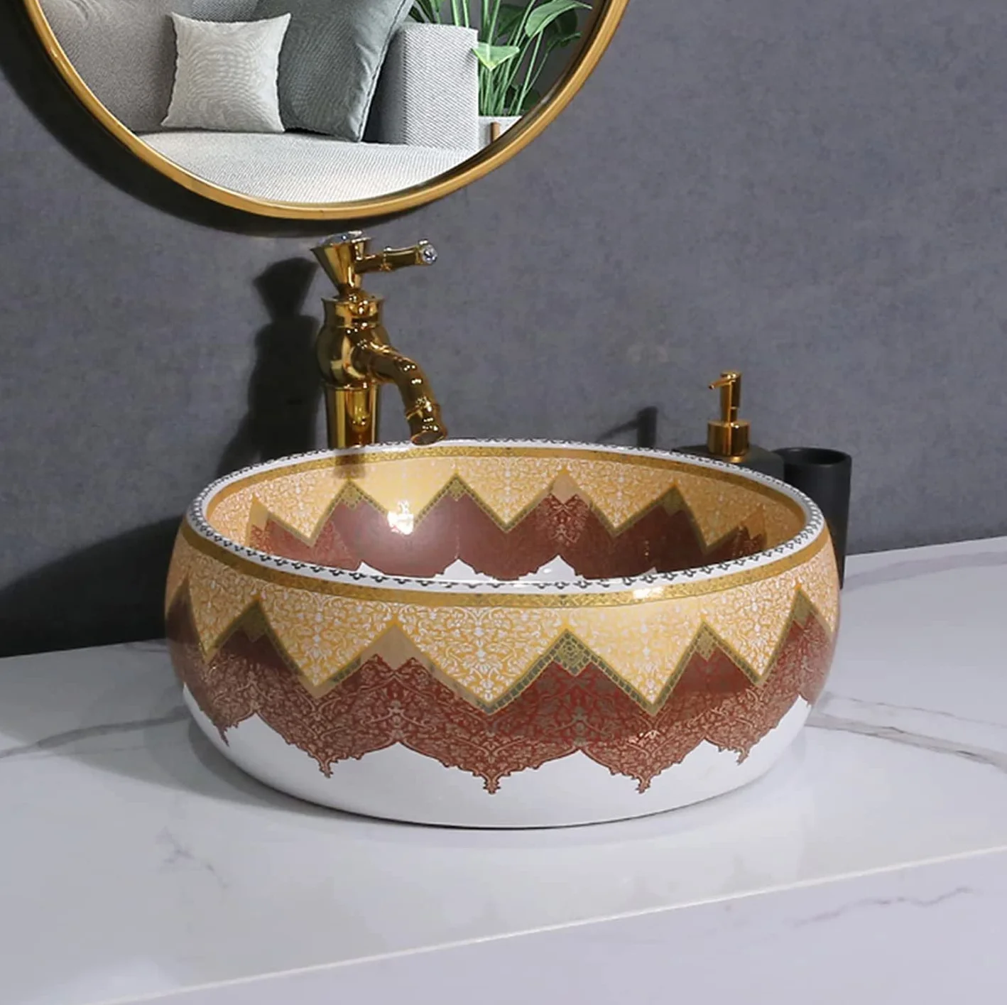 Ceramiczna Umywalka Łazienkowa Okrągła, Umywalka Nablatowa Ceramiczna, Umywalka Biała Z Kranem Pasującym Do Zestawu Odpływowego Do Garderoby, Biało-Brązowa