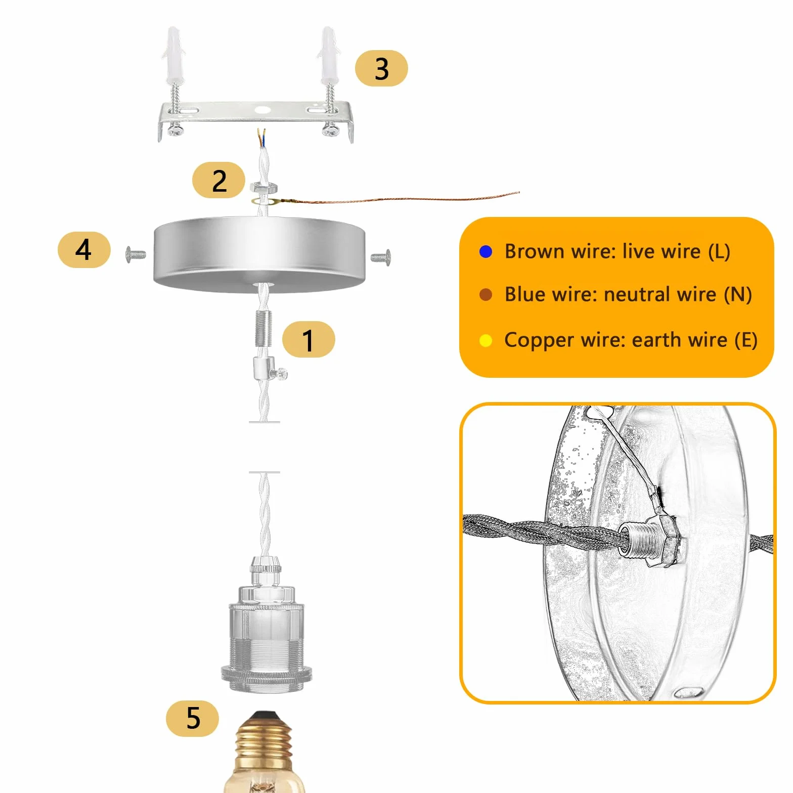 Oprawa lampy E27 z kablem 150 cm Vintage lampa wisząca złota | Metalowe zawieszenie lampy z pierścieniem śrubowym, kabel tekstylny, "zrób to sam", lampa wisząca do kuchni, bez żarówki