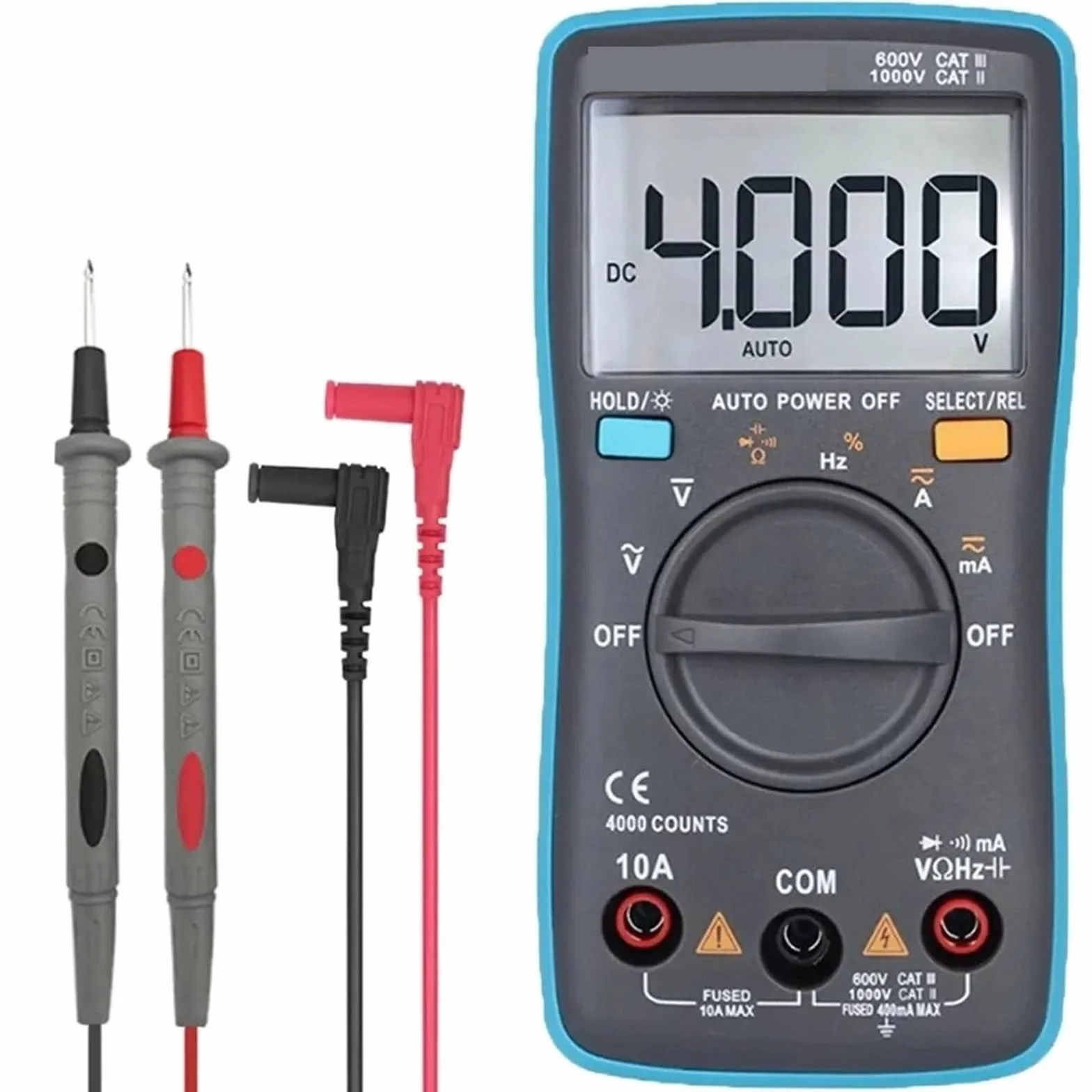 Multimetr cyfrowy, Cyfrowy multimetr 4000 zliczeń DC/AC napięcie prąd pojemność Hz dioda ohm tester amperomierz woltomierz podświetlenie Wszechstronne możliwości pomiarowe