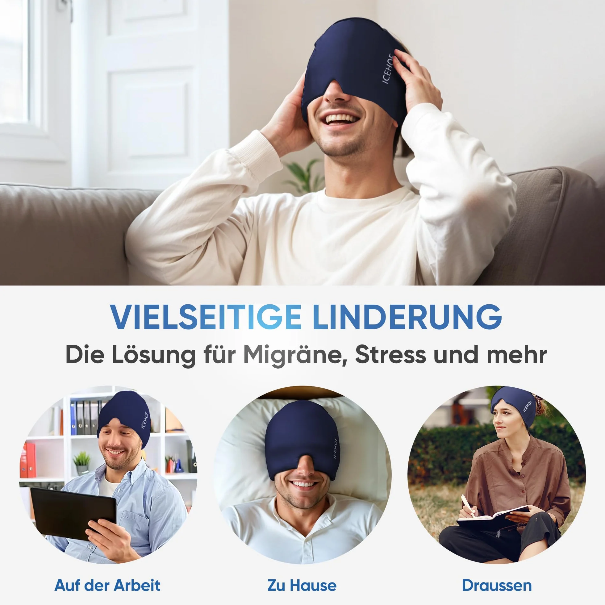ICEHOF Maska na migrenę – łagodzi bóle głowy, migreny, chłodząca maska na oczy, czapka chłodząca