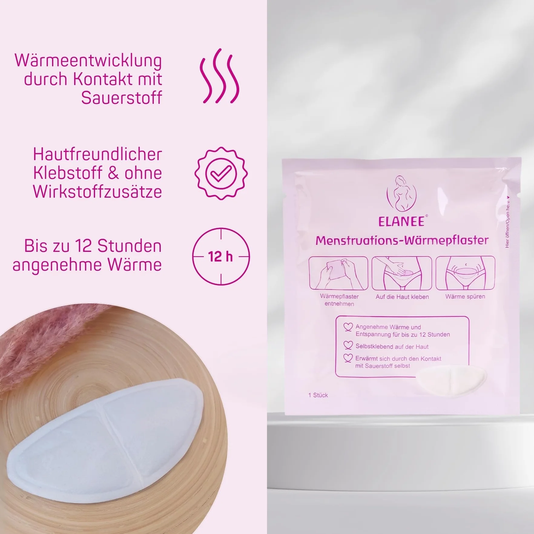 ELANEE Plastry rozgrzewające menstruacyjne [10 sztuk], 12 godzin kojącego ciepła i relaksu w okresie, nagrzewa się w wyniku kontaktu z tlenem, przyjazne dla skóry (734-V1)
