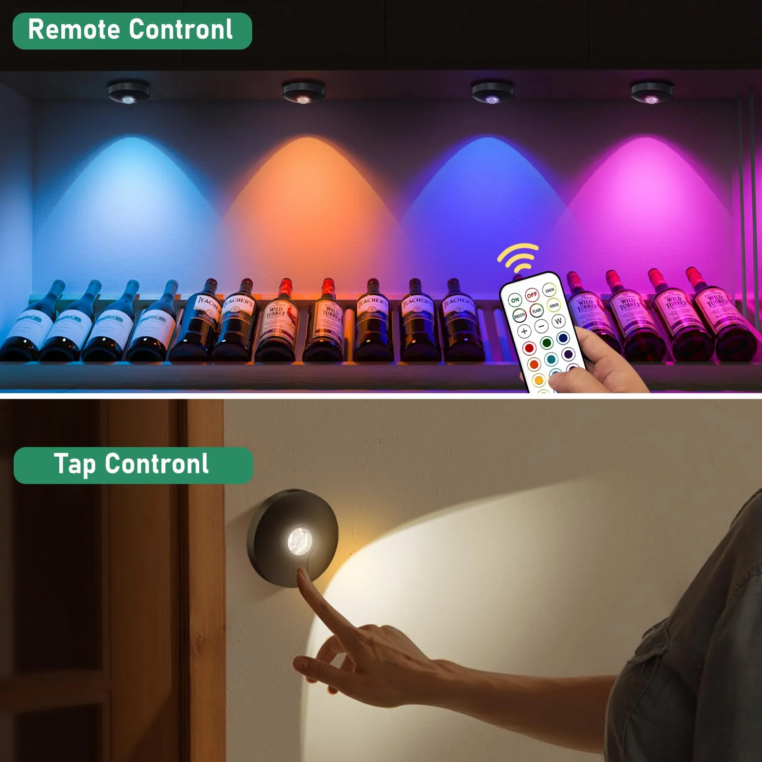Akumulatorowe lampki RGB z pilotem zdalnego sterowania, 2000 mAh o dużej pojemności, zasilanie bateryjne RGB, możliwość przyciemniania i mocowanie magnetyczne, bezprzewodowe oświetlenie do szafy na
