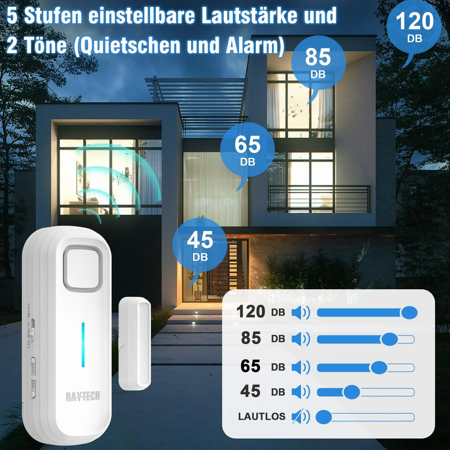 DAYTECH alarm do lodówki, alarm okienny, alarm drzwiowy i okienny, czujnik do szopy ogrodowej, 120 dB, sygnał dźwiękowy, alarm włamania do domu, czujnik opóźnionego ostrzeżenia, 1 sztuka