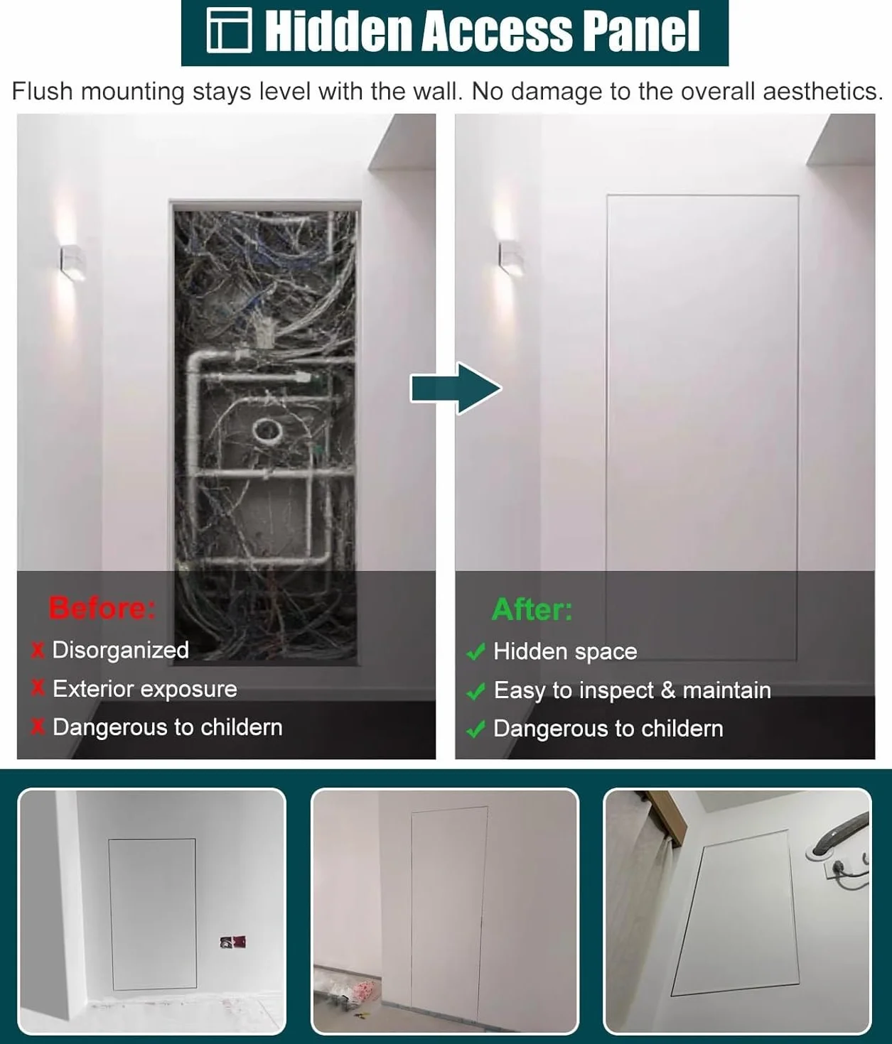 Zdejmowana wykładzina dostępowa Ukryte drzwi wejściowe do płyt gipsowo-kartonowych z aluminiową ramą. Duży panel osłonowy z płyt gipsowo-kartonowych(18x26in (45x65cm))