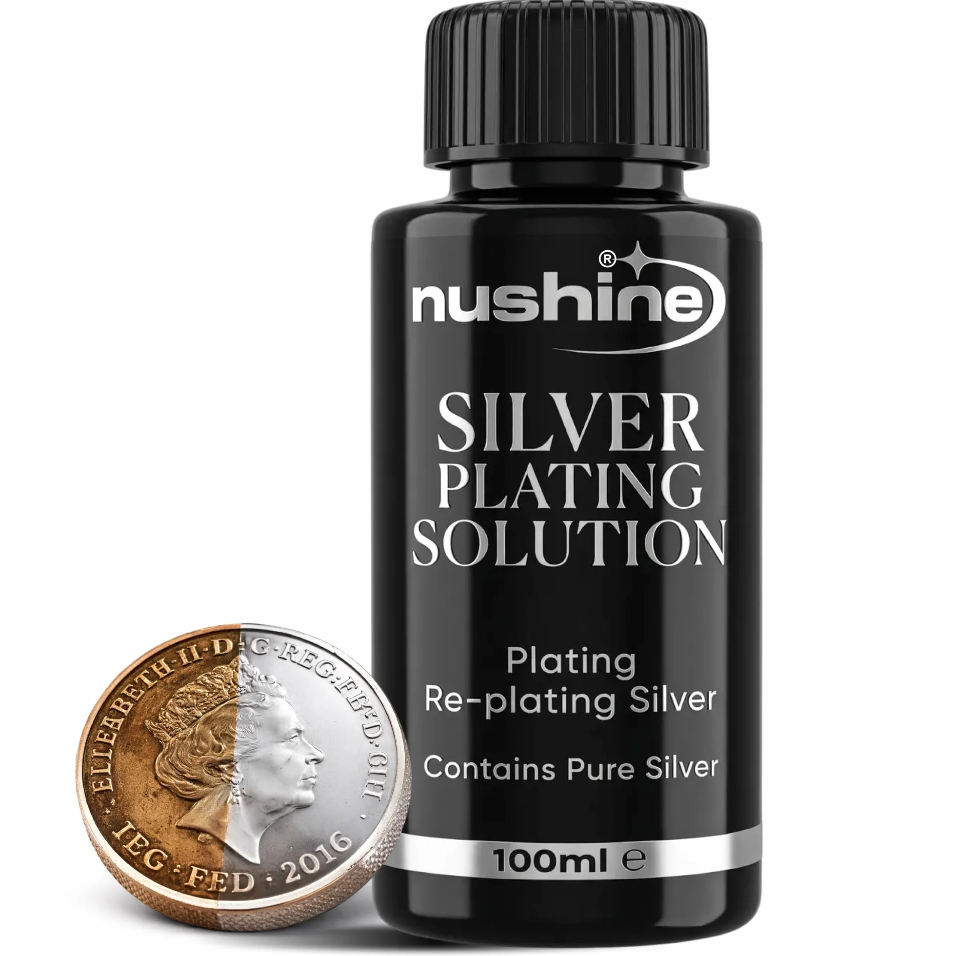 Nushine Roztwór do posrebrzania 100 ml – Trwałe platerowanie czystego srebra na zużytym/zniszczonym srebrze, mosiądzu, miedzi i brązie (formuła przyjazna dla środowiska)