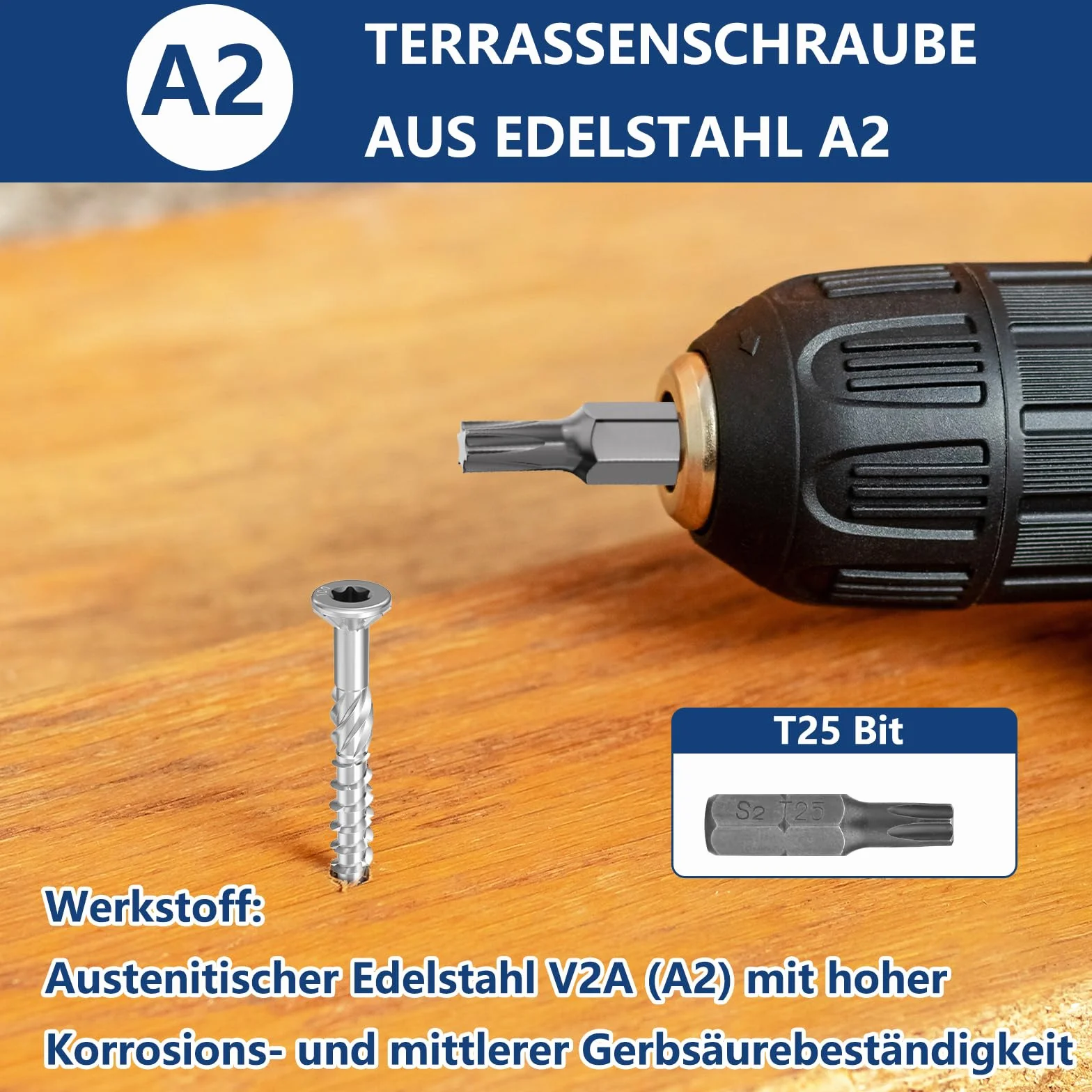 TCO Wkręty tarasowe ze stali nierdzewnej A2 5,0 x 60 mm – 500 sztuk łącznie z bitem S2, TX 25, ozdobna głowica wpuszczana, ząbkowany szlif gwintu, ostrze tnące, wkręty do desek tarasowych do użytku na