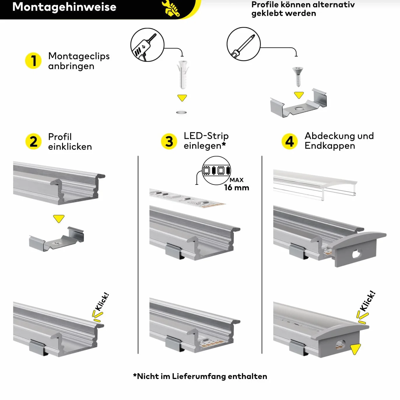 Anodowany profil aluminiowy LED, 150 cm, profil do zabudowy, przezroczysta osłona, do taśm LED 16 mm, kompatybilny z Philips Hue, 1,5 m, Ems