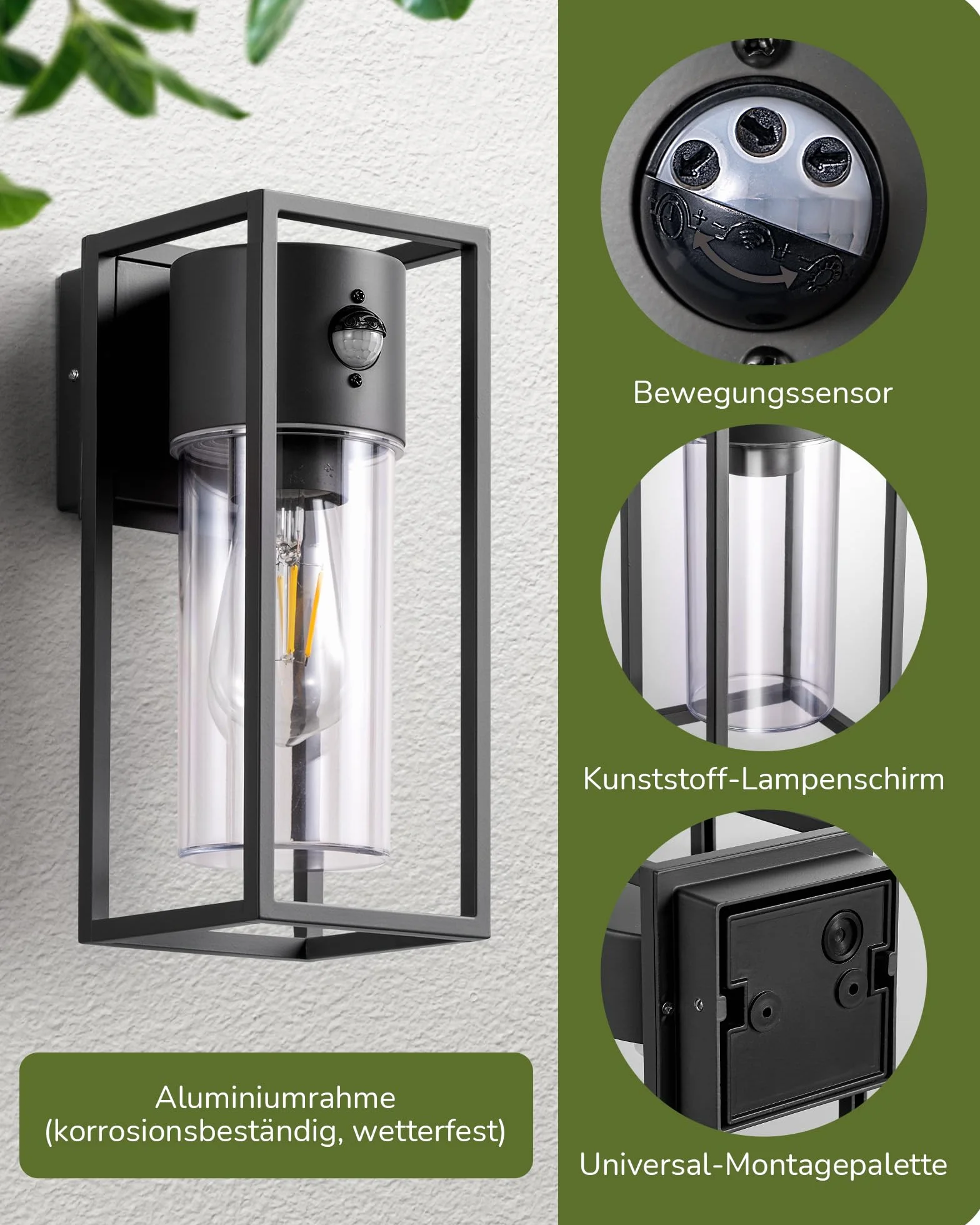 EDISHINE Zewnętrzna lampa ścienna z czujnikiem ruchu, gniazdo E27, wodoodporna IP44, lampa ścienna z aluminium i szkła hartowanego do ogrodu, balkonu, tarasu, frontu, żarówki nie są dołączone, czarna