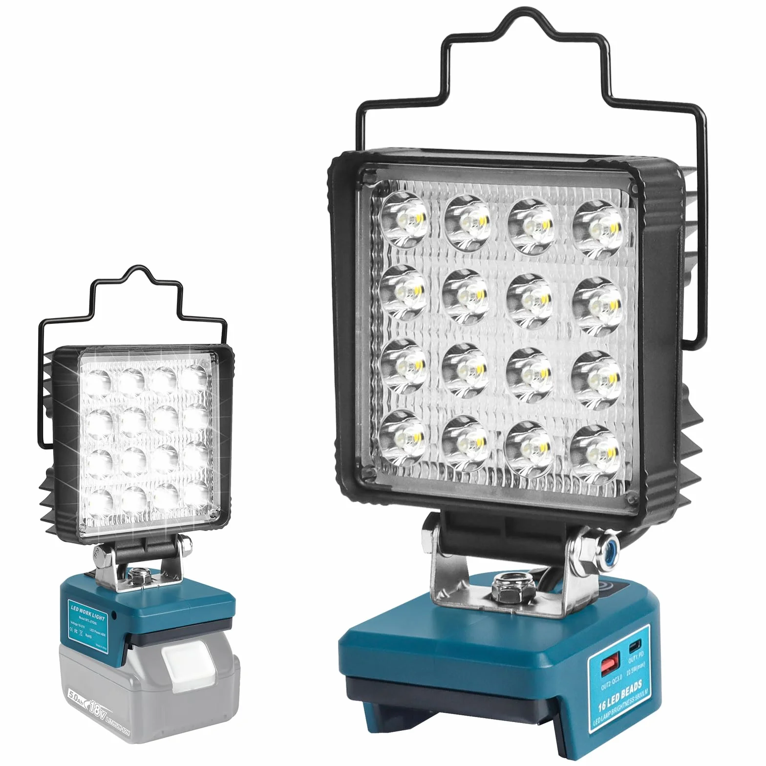 QUPERR Lampa bezprzewodowa kompatybilna z Makita 18V, 48W 5800LM LED lampa robocza, przenośny reflektor z USB i Type-C do auta, kempingu i awaryjnego oświetlenia (bez akumulatora)