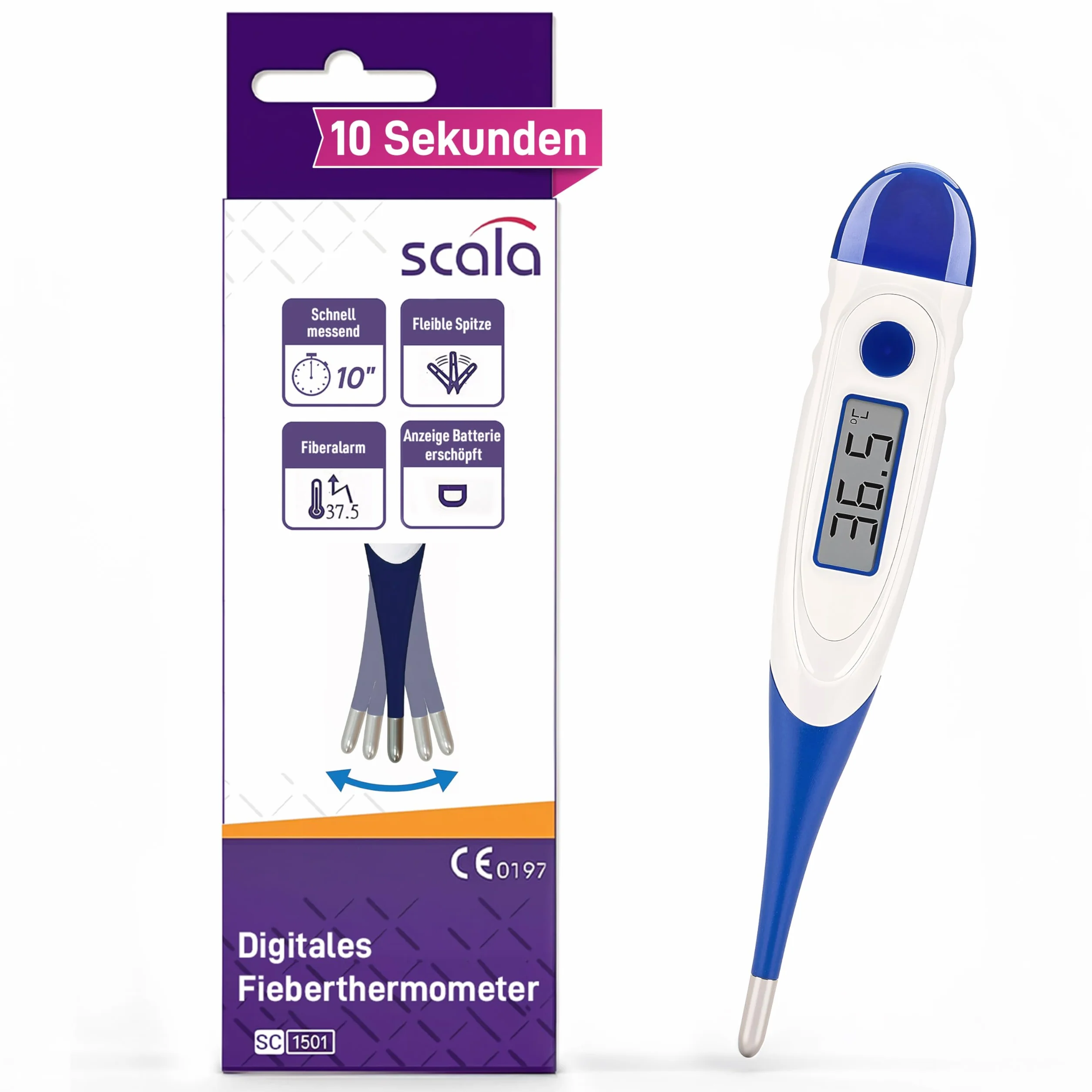 Scala SC 1501 Azur Flex Speed 10 sek. Termometr cyfrowy, gorączka ciała, dzieci i dorosłych, pomiar doustny nicy pachowej