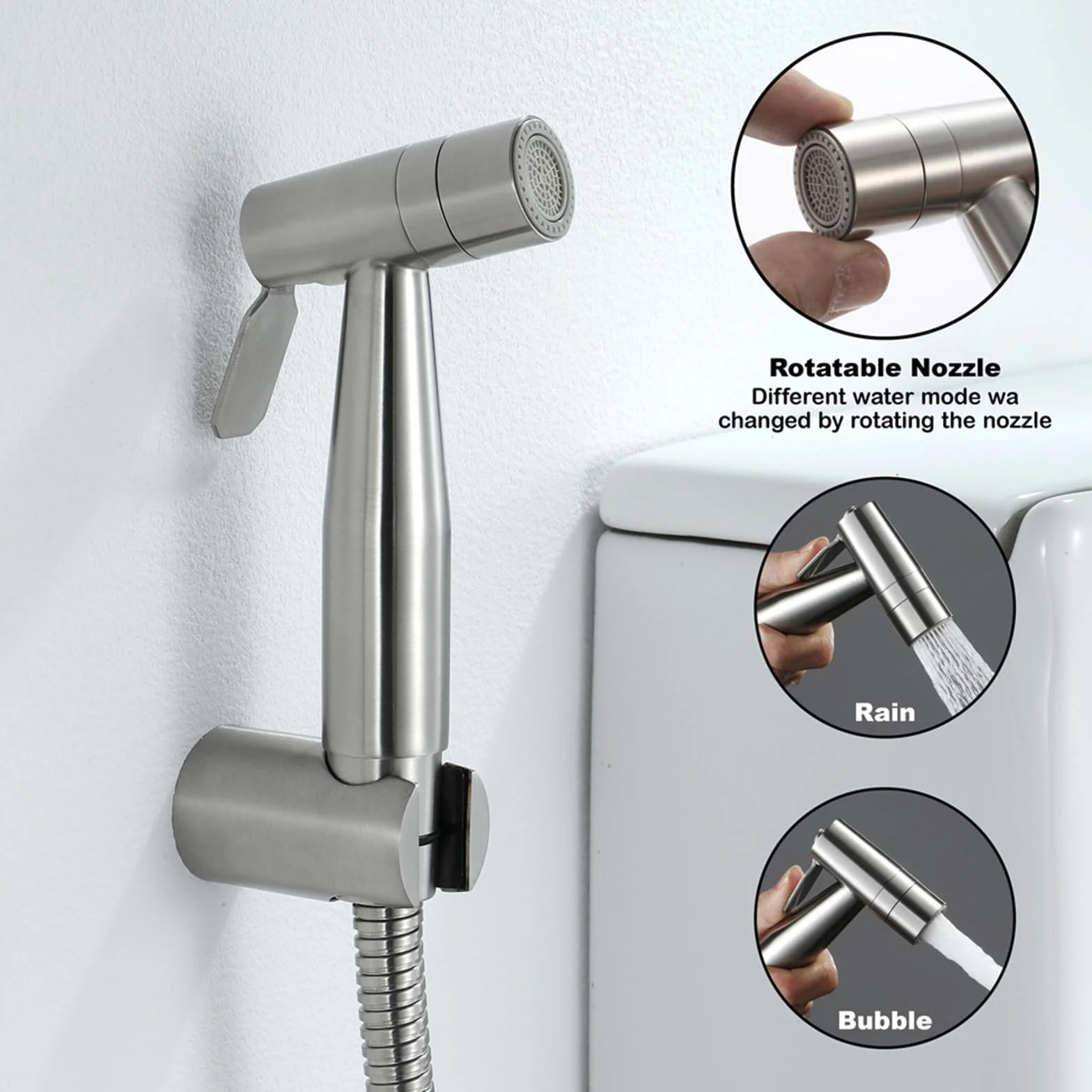 Bidet, ręczny spryskiwacz do toalety, podwójny tryb (Jet/Stream), do prysznica, łazienki, higieniczny papier toaletowy, czyszczenie pieluch, z zaworem G1/2" i G3/8" srebrny