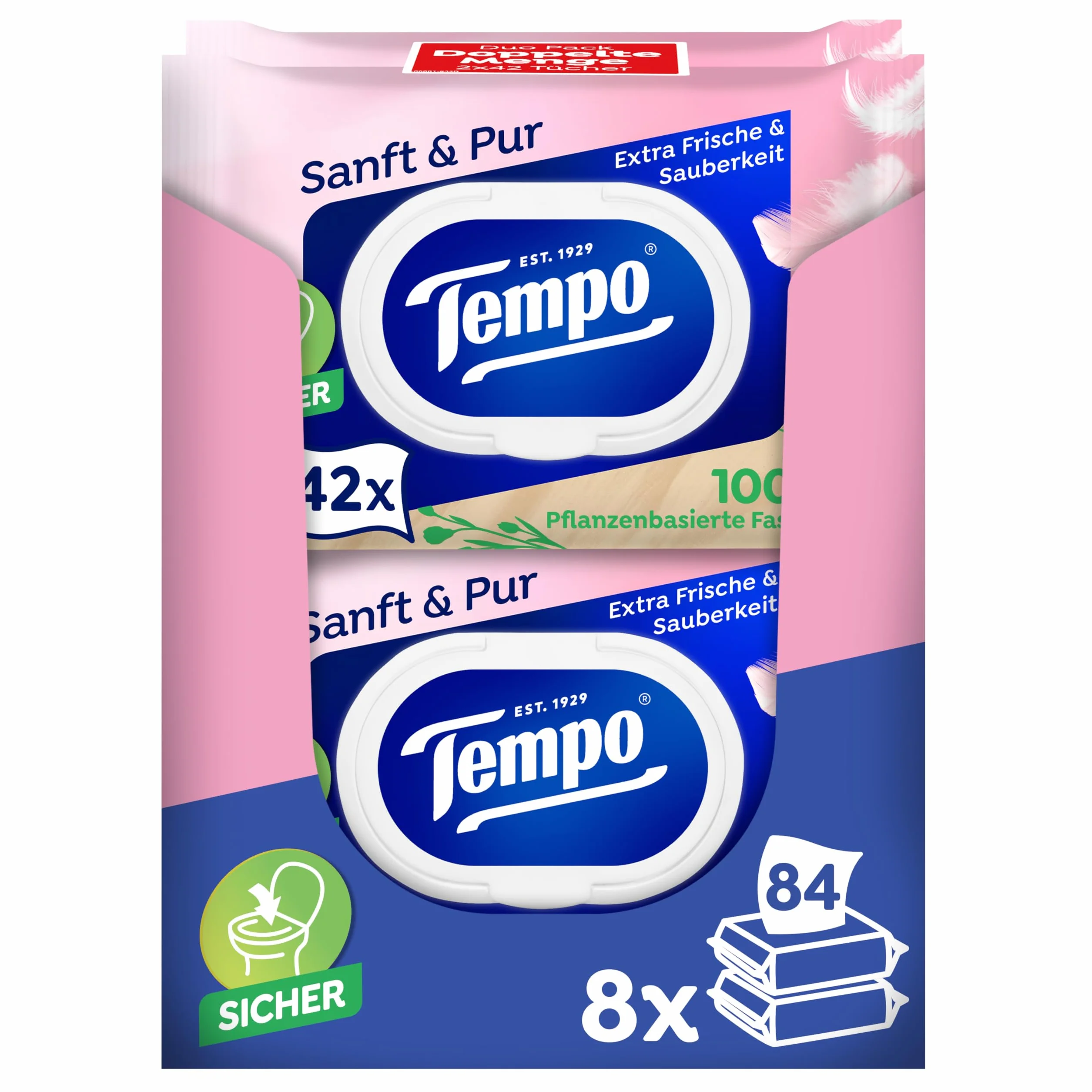 Tempo Wilgotne ściereczki toaletowe "Soft & Pur" - Megapack - 16 opakowań po 42 ściereczki - podwójne opakowania - wilgotny papier toaletowy, testowany dermatologicznie i neutralny dla skóry