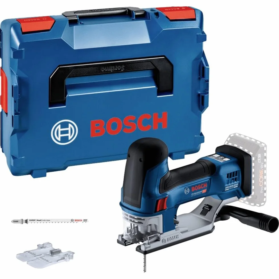 Bosch Professional system 18V: akumulatorowa wyrzynarka GST 18V-155 SC (2 brzeszczoty do wyrzynarek, osłona przeciwodpryskowa, dysza do odsysania pyłu, walizka L-BOXX)