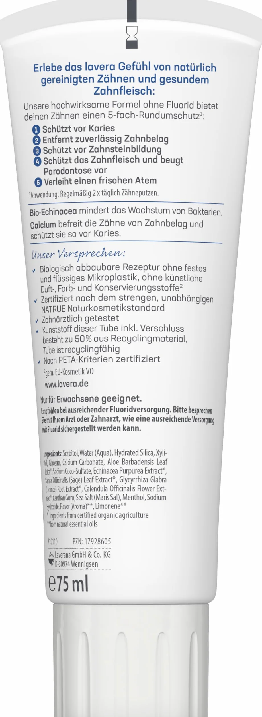 lavera Pasta do zębów Complete Care bez fluorków – 5-krotna ochrona – biosubstancje czynne – Echinacea i wapń – wegańska – naturalny kosmetyk – 75 ml