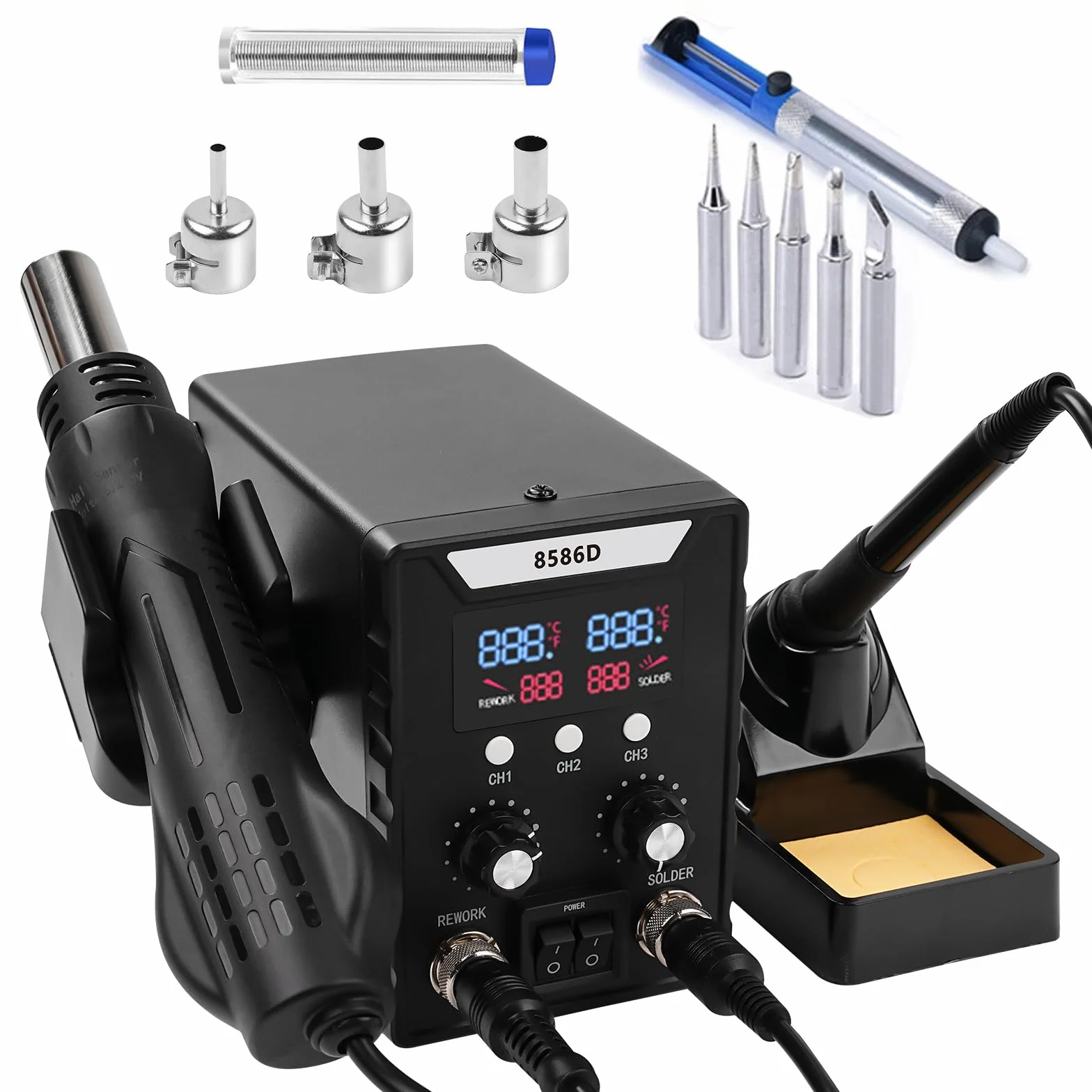 Stacja lutownicza na gorące powietrze 2 w 1, zestaw cyfrowej stacji lutowniczej LED 760 W, stacja lutownicza 8586D wyświetlacz cyfrowy pistolet na gorące powietrze do samodzielnego naprawy elektroniki