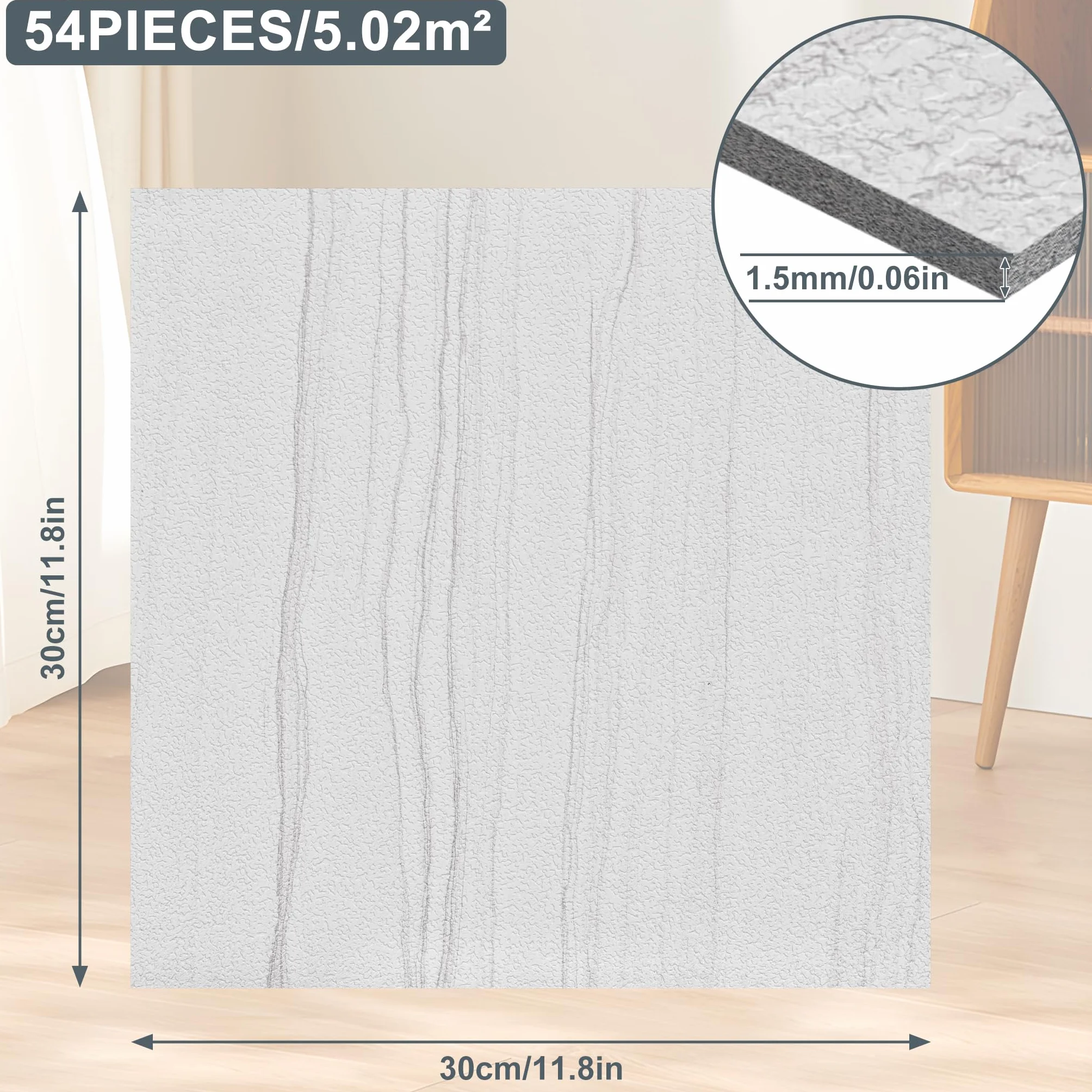UISEBRT Samoprzylepne płytki podłogowe, 54 sztuki, 5,02 m², PCW, wykładzina podłogowa o wyglądzie betonu, płytki samoprzylepne, towar sprzedawany na metry, do kuchni, łazienki, korytarza, salonu 30 x