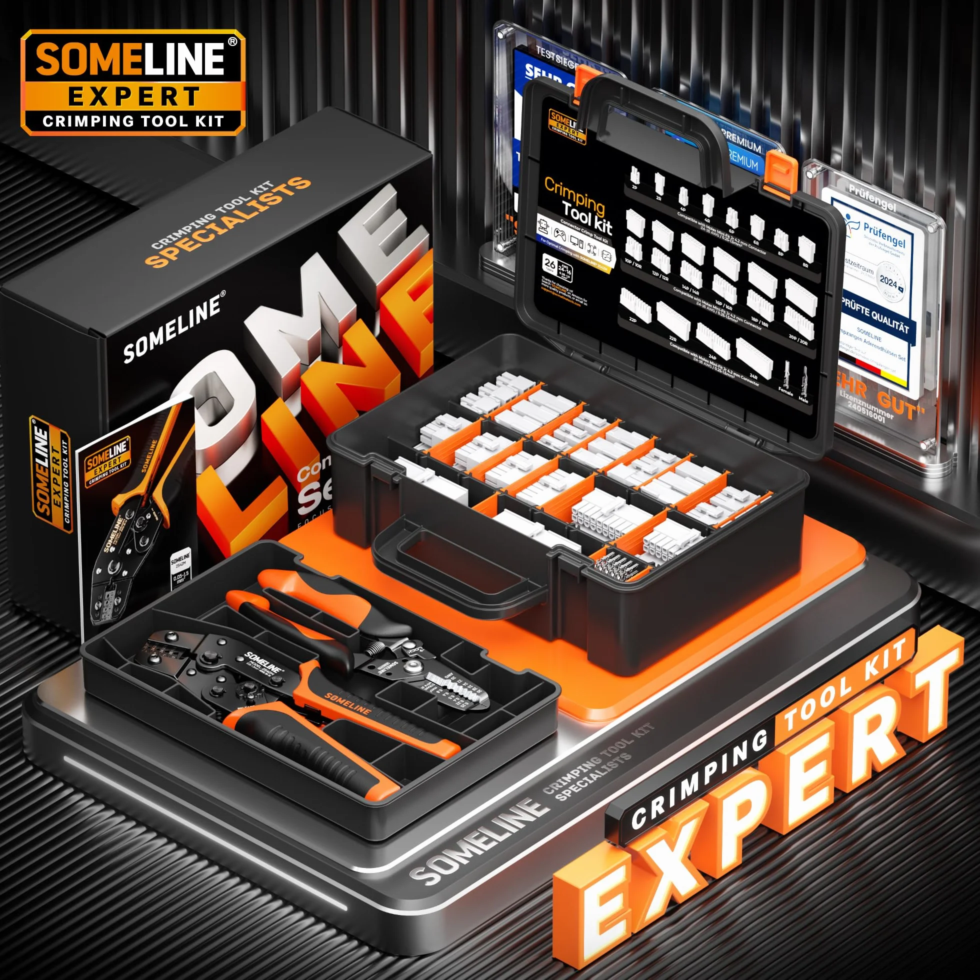 SOMELINE Zaciskarka Mini-Fit Jr Zestaw Złączy, 2-24 Pin 4,2mm (0,25-1,5mm²/24-16 AWG), z Wyjmakiem i Ściągaczem Izolacji, do PC i Drukarek 3D - do Molex, Dupont, KF2510, TE