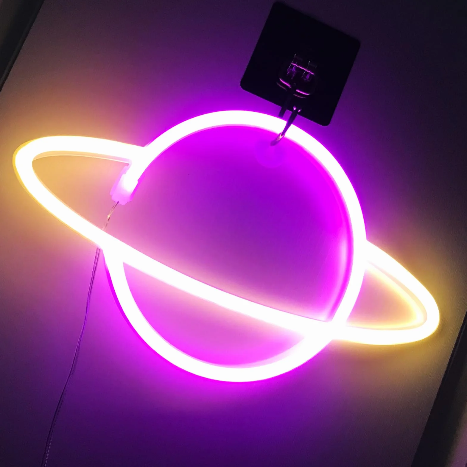Planet neon znak - USB/bateria Driven LED znak sypialni neonowy znak ścienny dekoracje urodzinowe ślub Boże Narodzenie dekoracja pokoju, różowy + żółty