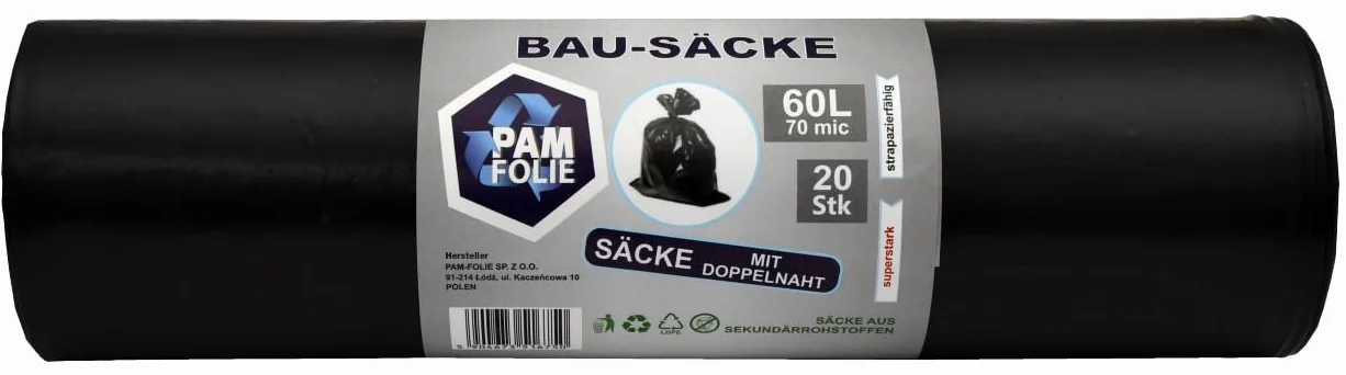 profesjonalne worki budowlane worek na śmieci 60L - 20 sztuk - bardzo grube, mocne, czarne - 60x70cm - 70µm