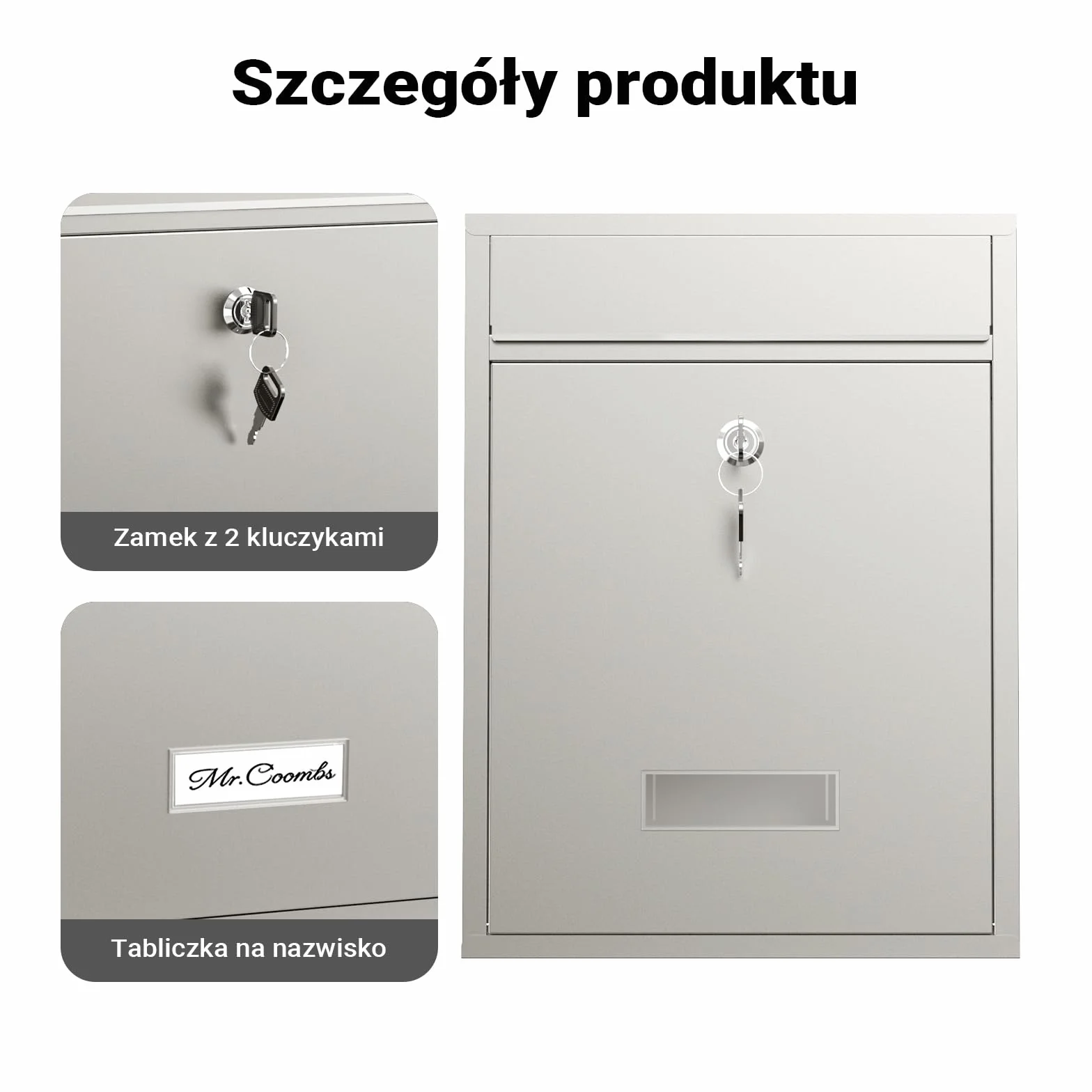 Wiltec Skrzynka na listy V10 ze stali nierdzewnej z zamkiem, nowoczesna stalowa skrzynka pocztowa do montażu na ścianę z kluczami, trwała i bezpieczna