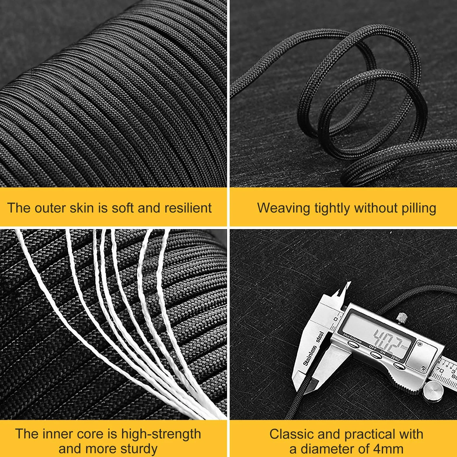 Paracord 550 nylonowa linka 4 mm, 50 m linka paracord z 7 żyłkami linki spadochronowej, odporny na rozerwanie, czarny nylonowy sznurek do bransoletki, smycz, obroży, survivalowy paracord maks.