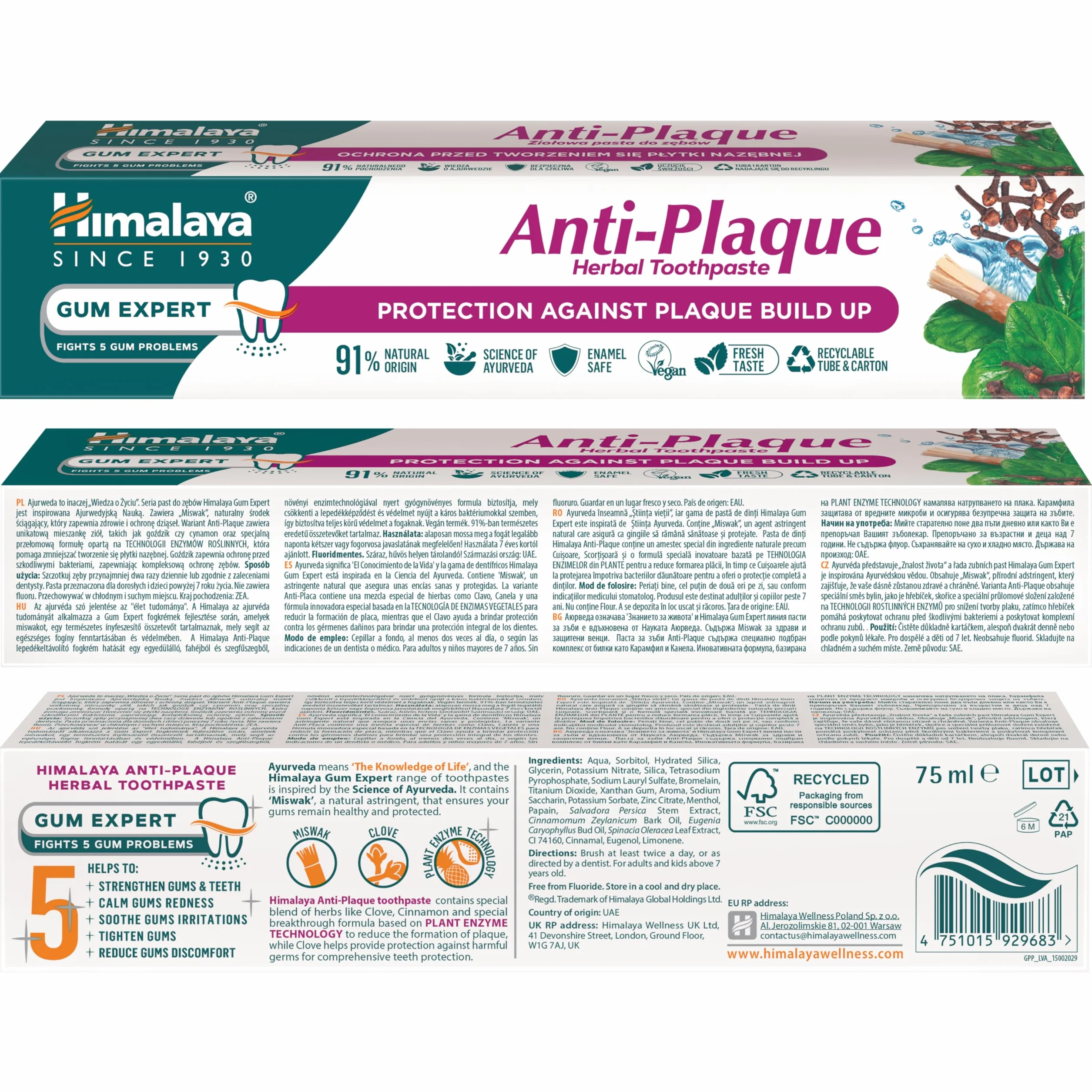 Himalaya Anti-Plaque Ziołowa Pasta do Zębów 75 ml | Skład Naturalnego Pochodzenia | Ochrona przed Płytką Nazębną | Wegańska Formuła bez Fluoru| Bezpieczna dla Szkliwa | Świeży Oddech