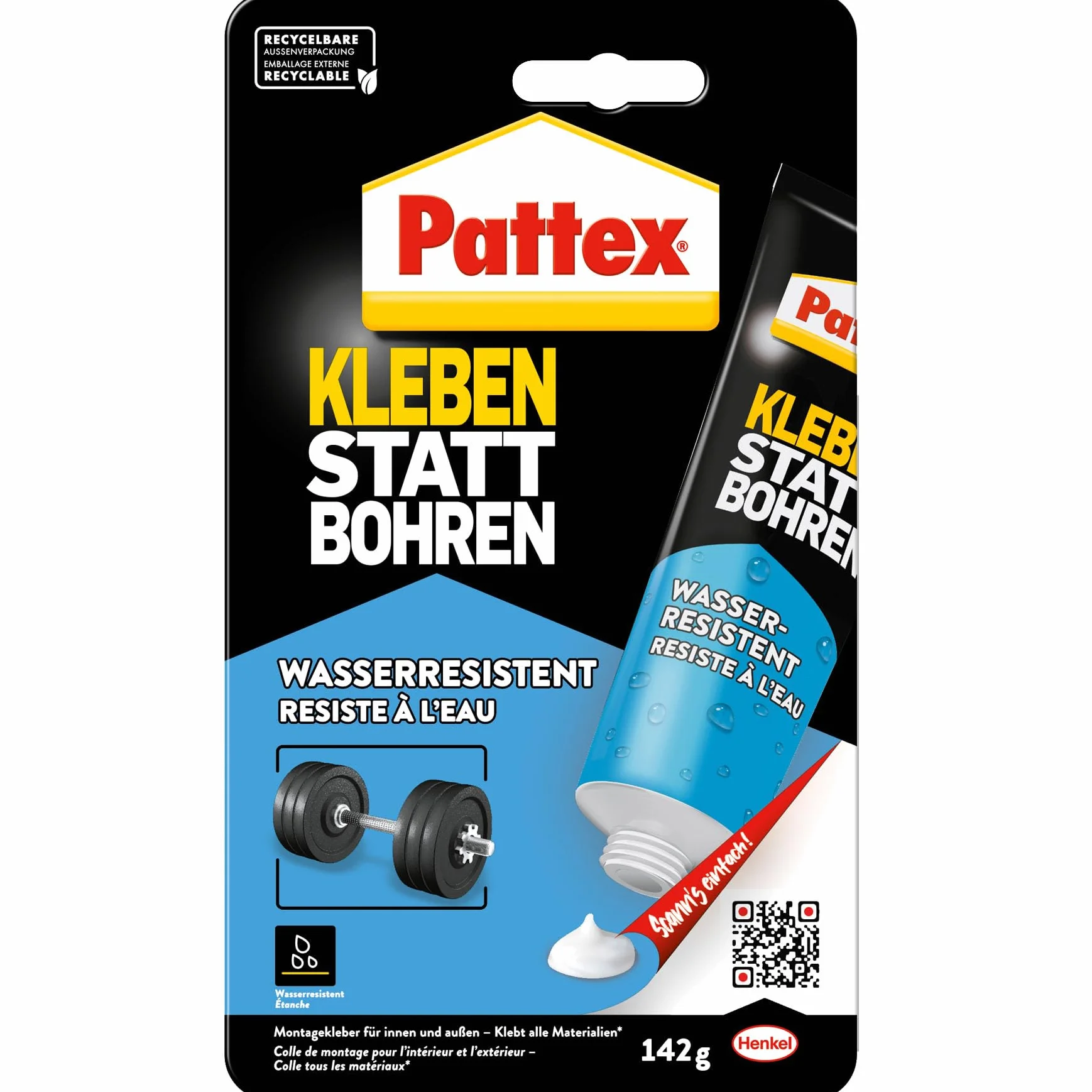 Pattex Klej Montażowy Do Klejenia Zamiast Wiercenia - Odporny Na Wodę, Do Wnętrz i Na Zewnątrz, Uniwersalny, O Wysokiej Wytrzymałości - Biały, 1 x 142 g
