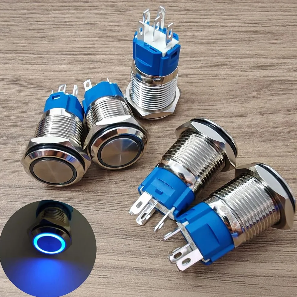 Gebildet 5 szt. 16mm Niebieski Metalowy Zatrzaskowy Przełącznik Przyciskowy LED Wodoodporny 12V-24V/5A 1NO 1NC WŁ./WYŁ. do Otworu Montażowego 5/8"