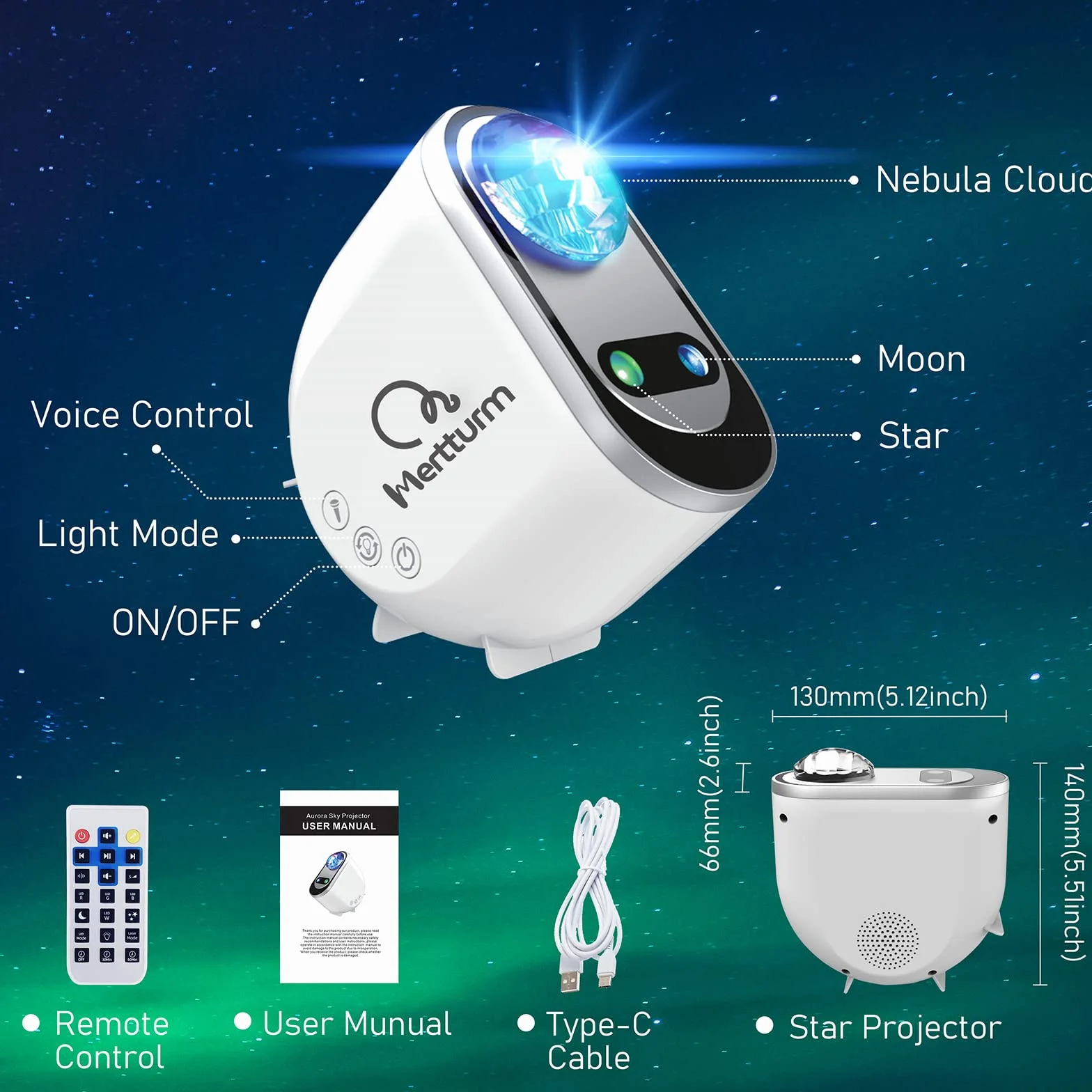 MERTTURM Projektor Star Sky, Lampka Nocna Projektora Galaxy dla Dzieci z Głośnikiem Bluetooth, Lampa Projektora LED Star do Dekoracji Sypialni, Prezent, Prawdziwy Księżyc