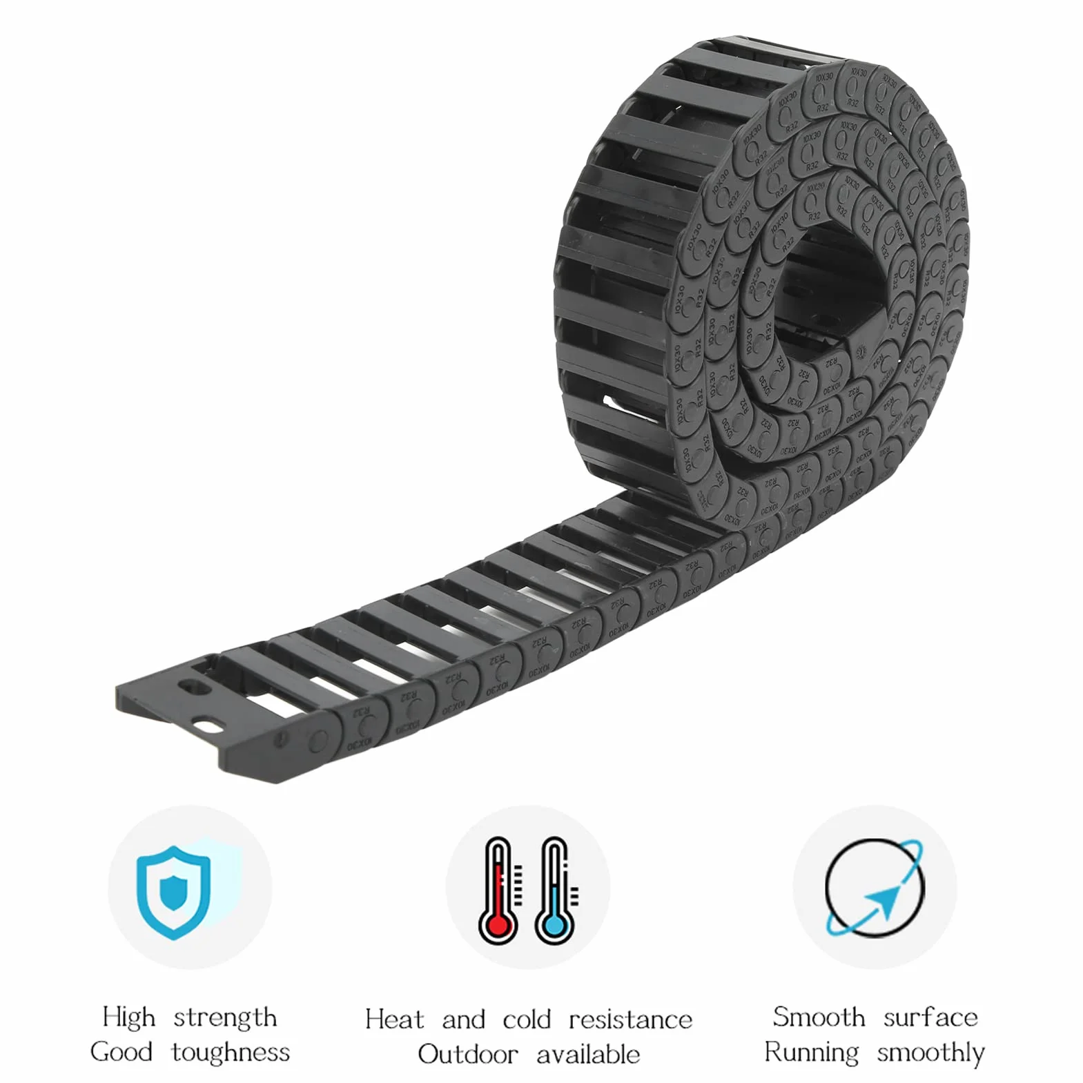 10x30mm łańcuch Przeciągania Nośnego Czarny Plastikowy Przewód Kablowy Odporny na Zużycie łańcuch Nośny Nośny ze Złączami Końcowymi do Maszyn CNC o Długości 1 M