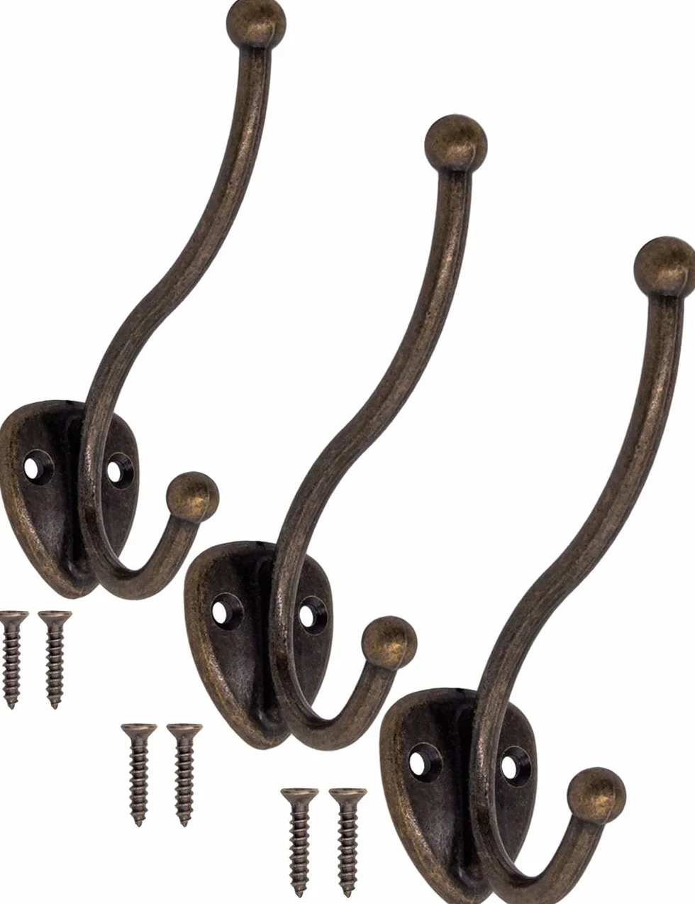 Fuxxer® - Masywne metalowe haczyki, wieszaki do garderoby, wieszaki na ręczniki, wieszaki na ubrania, żelazne haczyki na kapelusze, antyczny mosiądz, styl vintage, styl dworkowy, retro, zestaw 3 szt.,