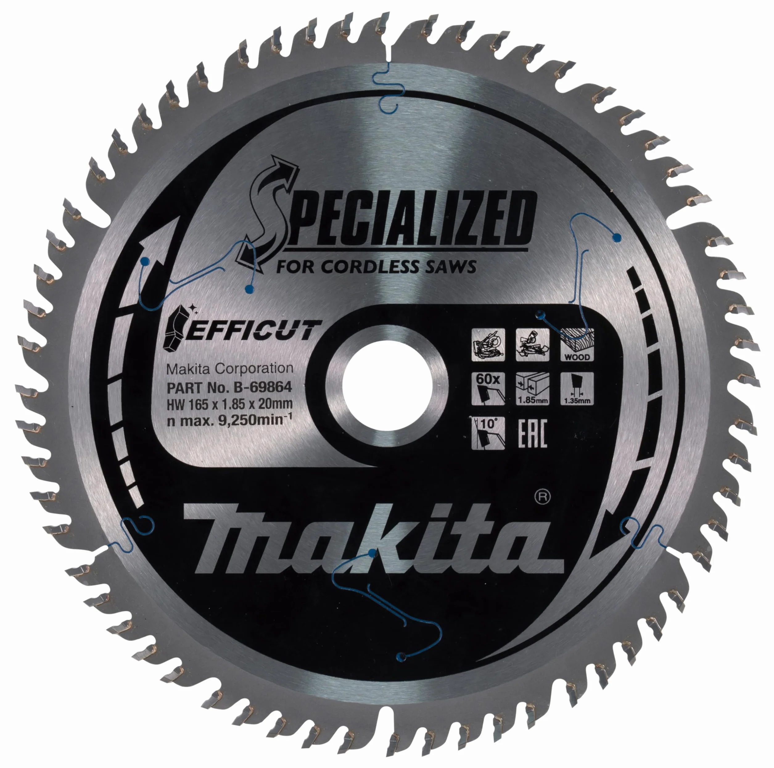 Makita B-69864 EFFICUT brzeszczot do piły tarczowej Ø 165 x 1,85 x 20 mm, 60 zębów, kąt zębów 10°, do czystych i szybkich cięć w drewnie, do akumulatorowych pił nasadowych i ukośnych