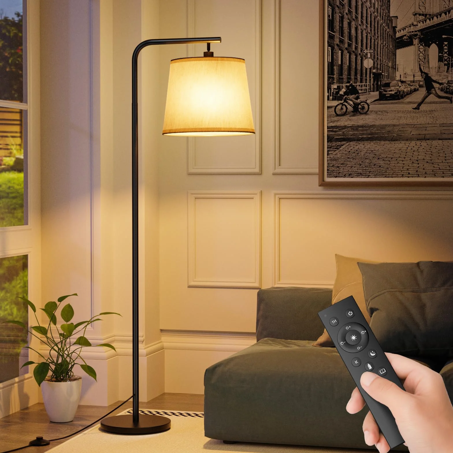 Lampa podłogowa do salonu, ściemnialna lampa podłogowa, lampa stojąca z pilotem, klosz lniany, żarówka LED E27, oświetlenie wewnętrzne do sypialni, czytania, biura