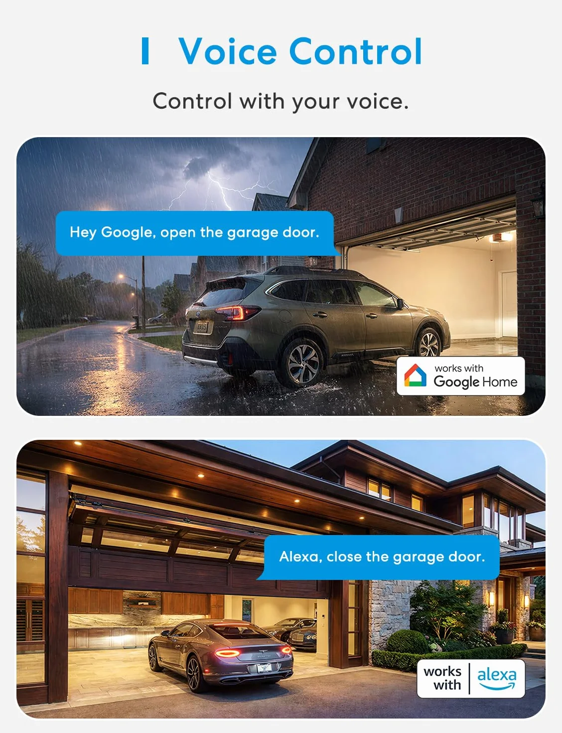 Meross Urządzenie do otwierania drzwi garażowych połączone z Wi-Fi, inteligentny pilot do drzwi zgodny z Alexą, Asystentem Google i SmartThings, zdalne sterowanie, sterowanie głosowe i funkcja czasu