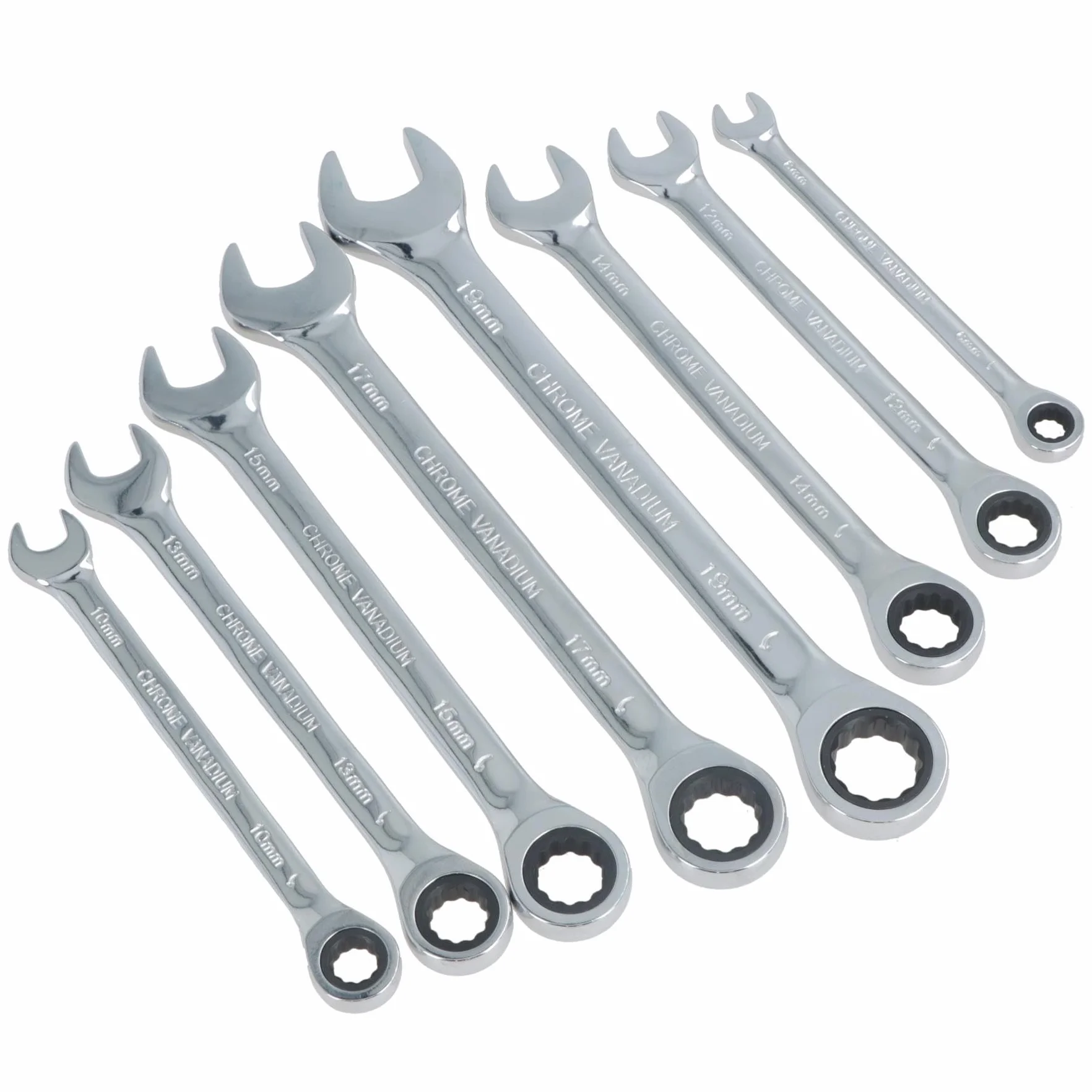 AB Tools Zestaw kluczy płasko-oczkowych metrycznych z grzechotką, 72 zęby, bi-sześciokątny, 8-19 mm, 8 szt