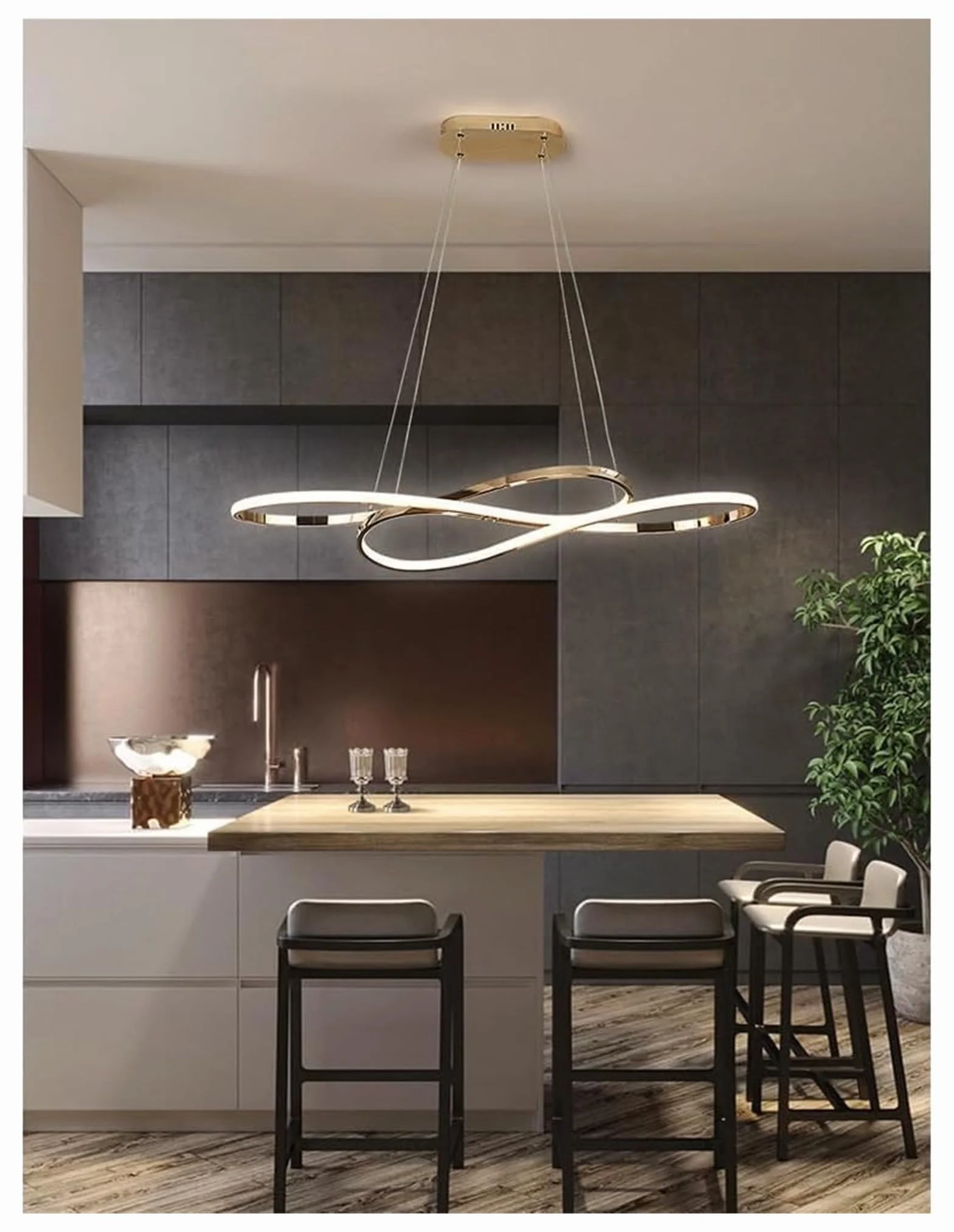 Lampy wiszące, nowoczesne żyrandole pierścieniowe z diodą LED, długa chromowana liniowa oprawa sufitowa kompatybilna ze stołem jadalnym, salonem i wyspą kuchenną (ciemna) w