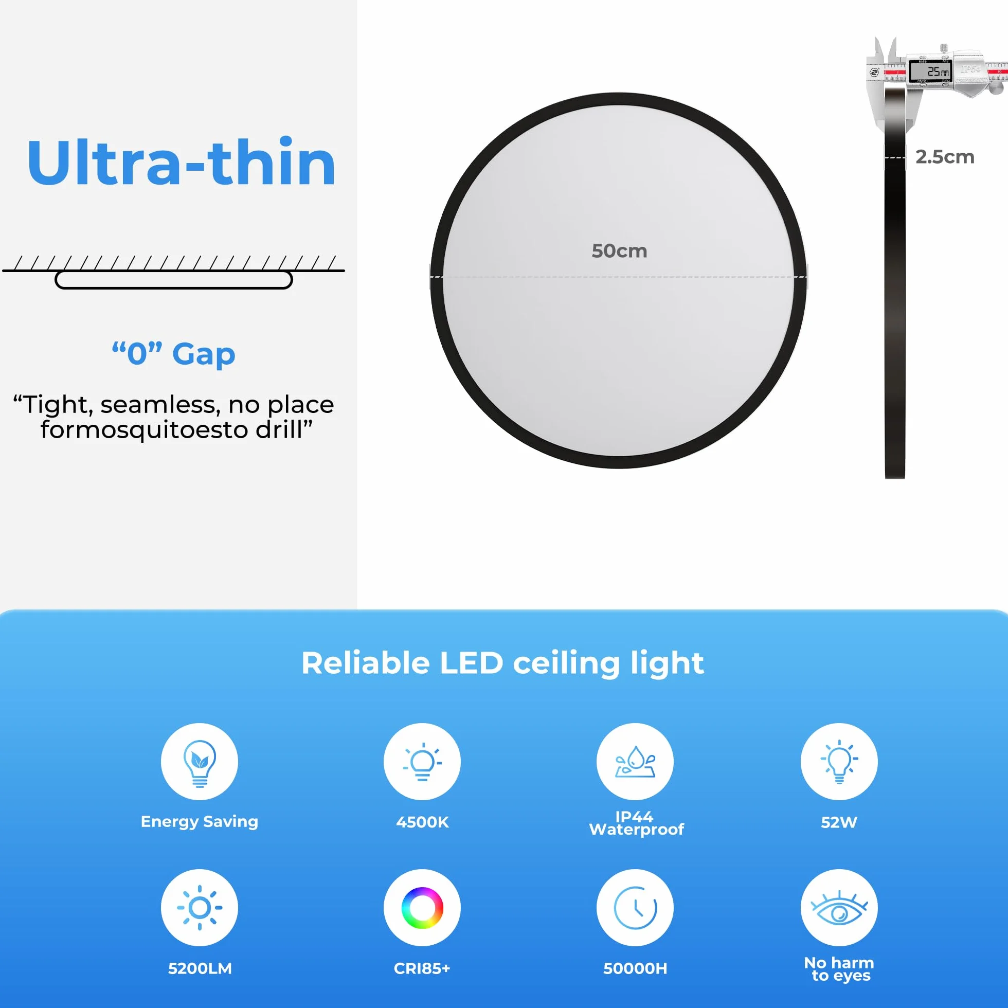 OTREN Sufit LED 52W, 4800LM Nowoczesna Okrągła Lampa Panel Ultra Cienki Biały Naturalny 4000K, IP44 Światło LED do Kuchni Balkon Sypialnia Jadalnia Salon Ø50CM