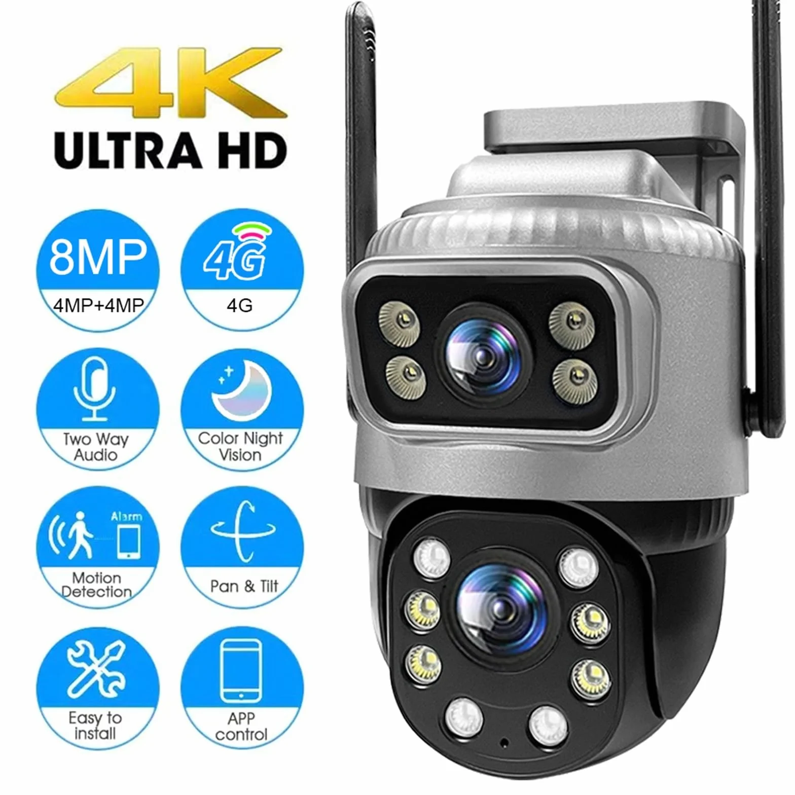 Kamera IP 4G z podwójnym obiektywem, 4 MP, 4K, wodoodporna, do monitoringu zewnętrznego, inteligentny dom, noktowizor, ochrona CCTV,Spokój ducha zawsze(WIFI Cam 128G Card)