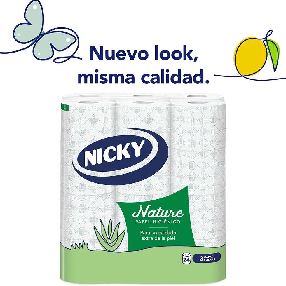 Nicky Papier toaletowy Nature - opakowanie 24 rolek, 170 arkuszy po 3 warstwy, wzbogacony balsamem z aloesu, wygodny i miękki na skórze