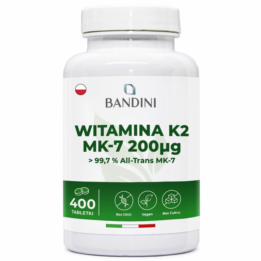 Bandini Witamina K2 MK7 200 µg, 400 tabletek, Wysoka dawka menachinonu, Pomaga w utrzymaniu prawidłowego stanu kości, Wegańska