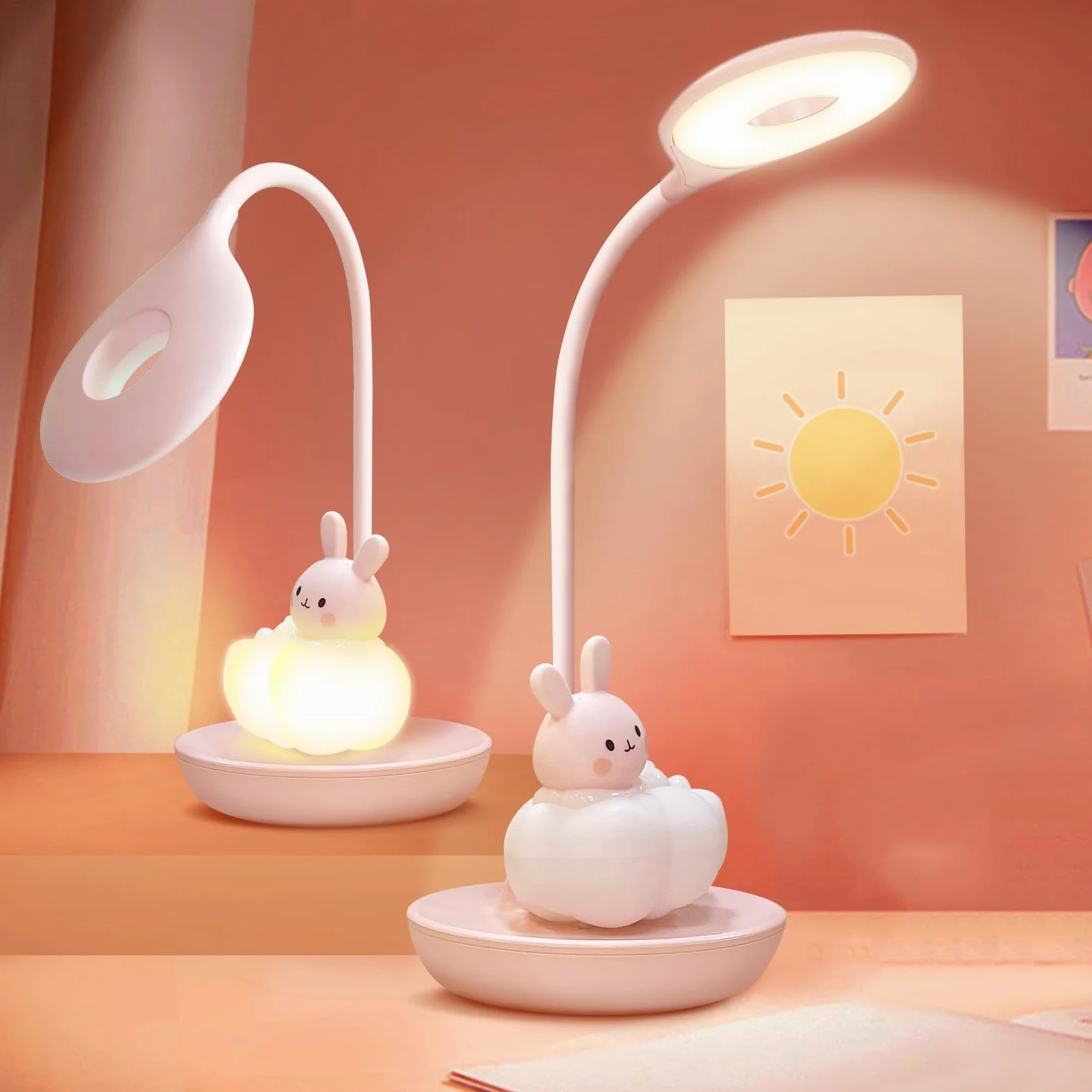 Lampa biurkowa LED dla dzieci, ochrona oczu, lampka do czytania, ładowana przez USB, energooszczędna lampka nocna, ściemniana, czujnik dotykowy, lampa stołowa, styl kreskówkowy (różowy)