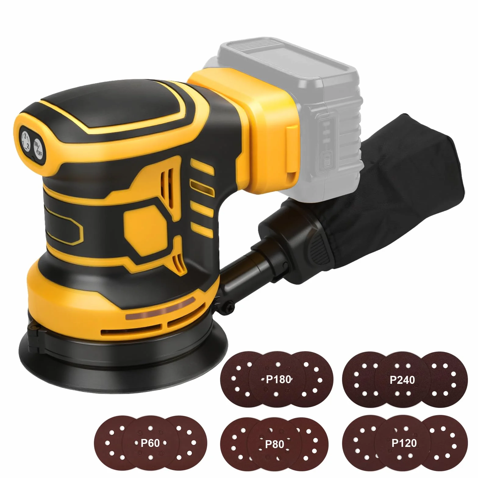 Akumulatorowa szlifierka mimośrodowa, 125 mm, profesjonalna szlifierka mimośrodowa do Dewalt 18 V, akumulator 20 V, 11 000 obr./min, 3 poziomy wydajności z 15 papierem ściernym (bez akumulatora)