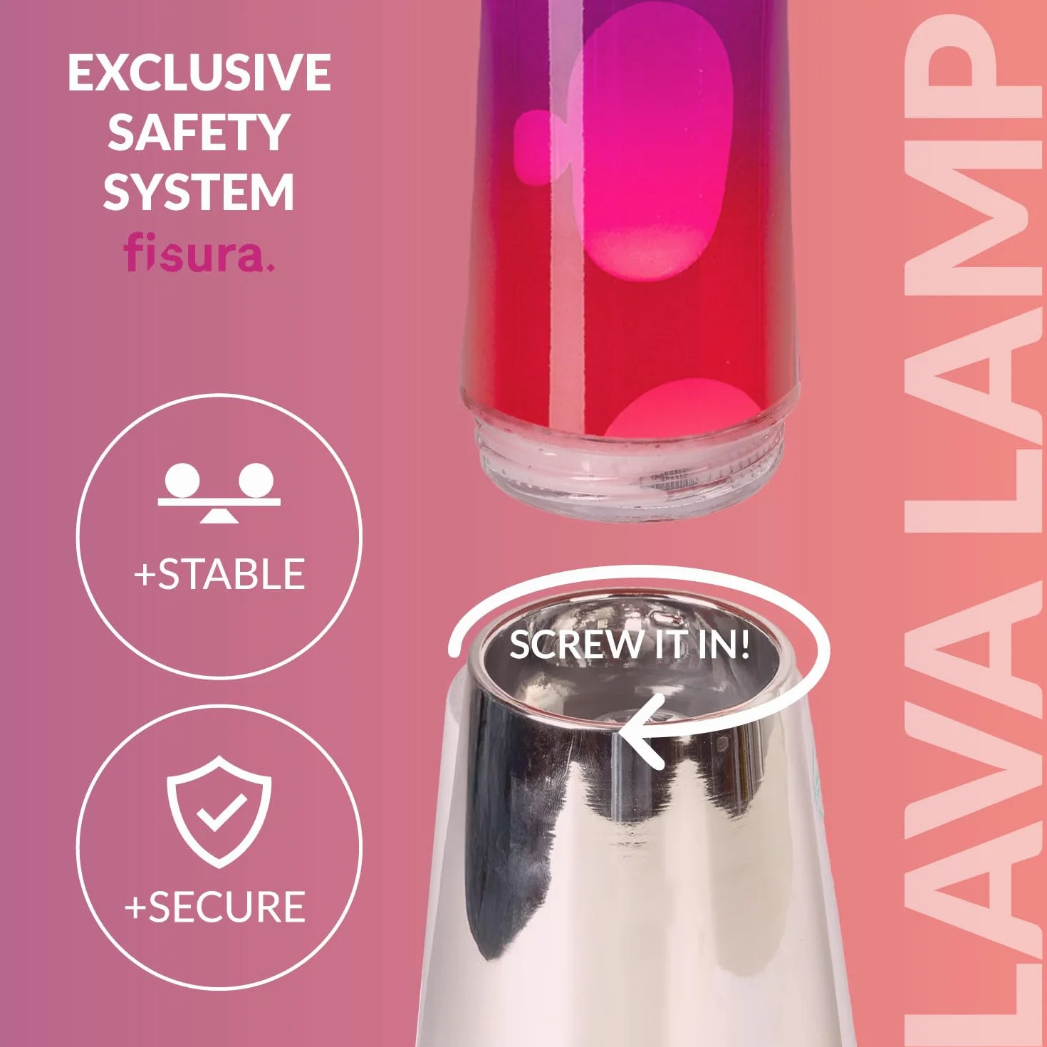 Fisura – Lampa z lawą „gradient czerwony”. Podstawa chromowana, butelka z efektem przejścia od fioletowego do białego. Lampa relaksacyjna z zapasową żarówką. 11 cm x 11 cm x 39,5 cm.