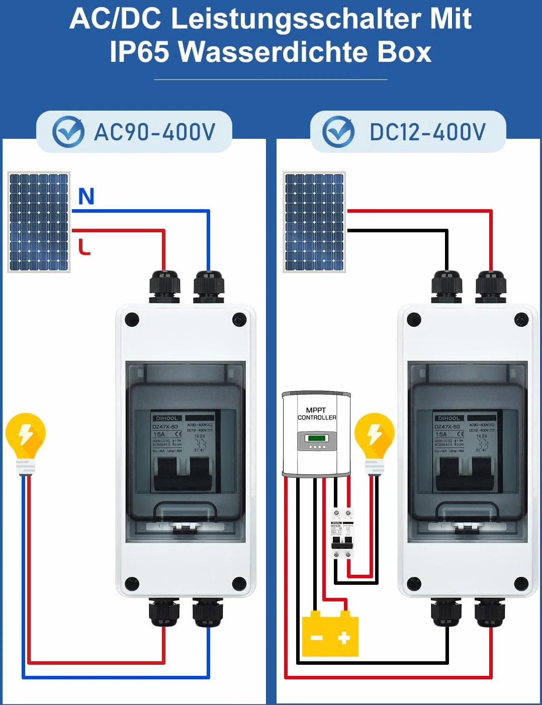 Automatyczny bezpiecznik PV, wyłącznik PV, wyłącznik prądu stałego IP65, wyłącznik automatyczny, instalacja solarna, 500 V, 10-63 A, 2-pilotowa ochrona obwodu DC (15 A)