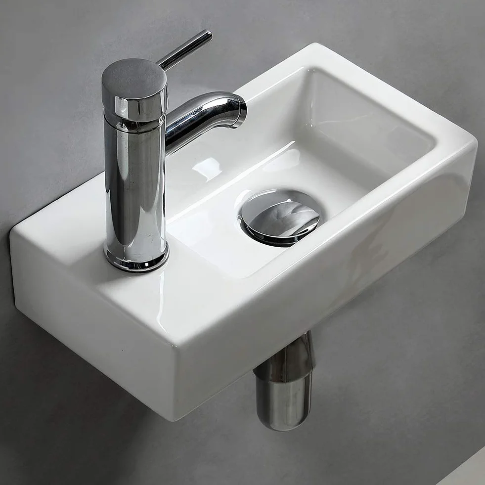 Wisząca mała ścienna ceramiczna umywalka, prostokątny zlew do szatni (lewa)