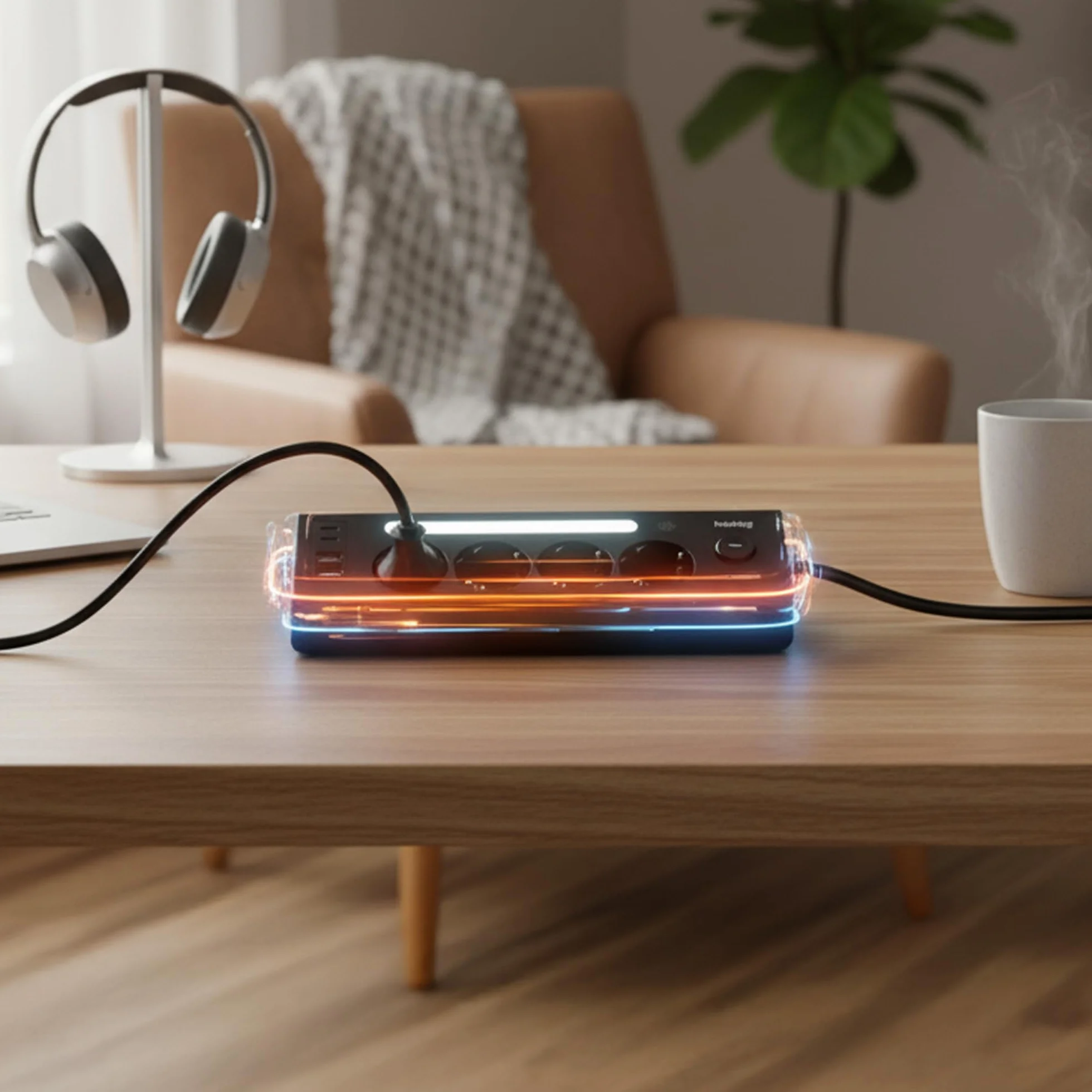 Listwa zasilająca z 4 gniazdami Schuko, 4 porty USB (2 × USB-C i 2 × USB-A), lampka nocna LED, ochrona przed przepięciem, 3680 W, gniazdo wielokrotne z przełącznikiem, możliwość montażu na