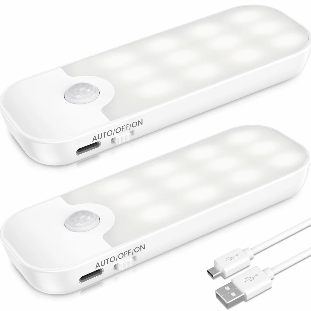 Światła z czujnikiem ruchu do wewnątrz, 2 sztuki, ładowane przez USB, 3 tryby, bezprzewodowy czujnik ruchu z paskami magnetycznymi, do szafy, schodów, korytarza, sypialni, szafki, 2 szt