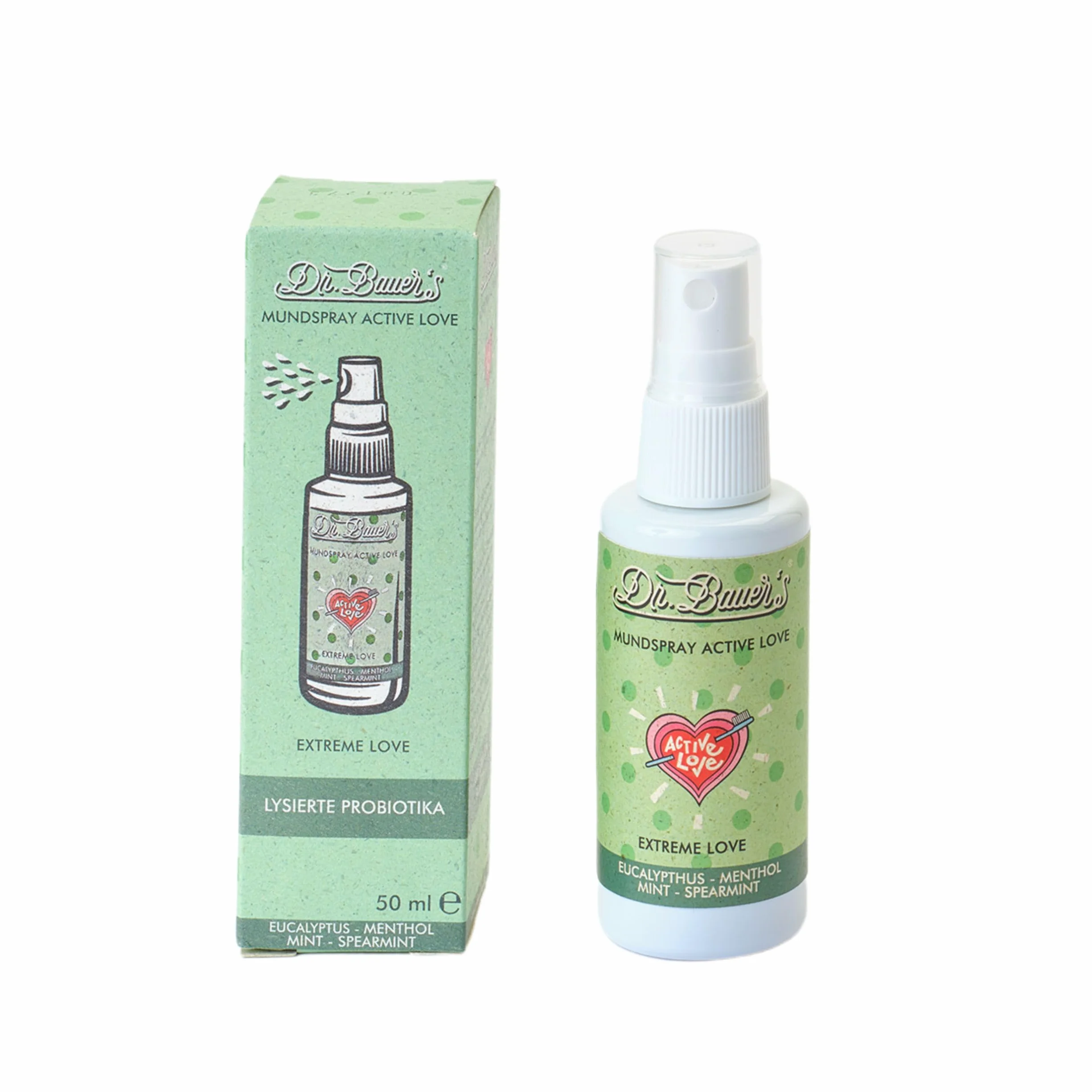 Dr. Bauer's Spray do ust Extreme Love – bardzo mocna świeżość mięty zapewnia natychmiastowy czysty oddech – wegański spray do oddychania bez alkoholu – intensywny i zrównoważony – 50 ml