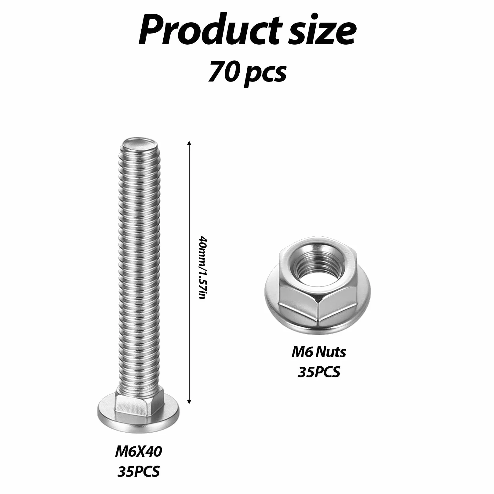 70 szt. Śruby Zamkowe M6 x 40 mm, Zestaw Śrub z Nakrętkami Kołnierzowymi, Śruby z Łbem Półokrągłym ze Stali Nierdzewnej, Do Bram z Nakrętkami