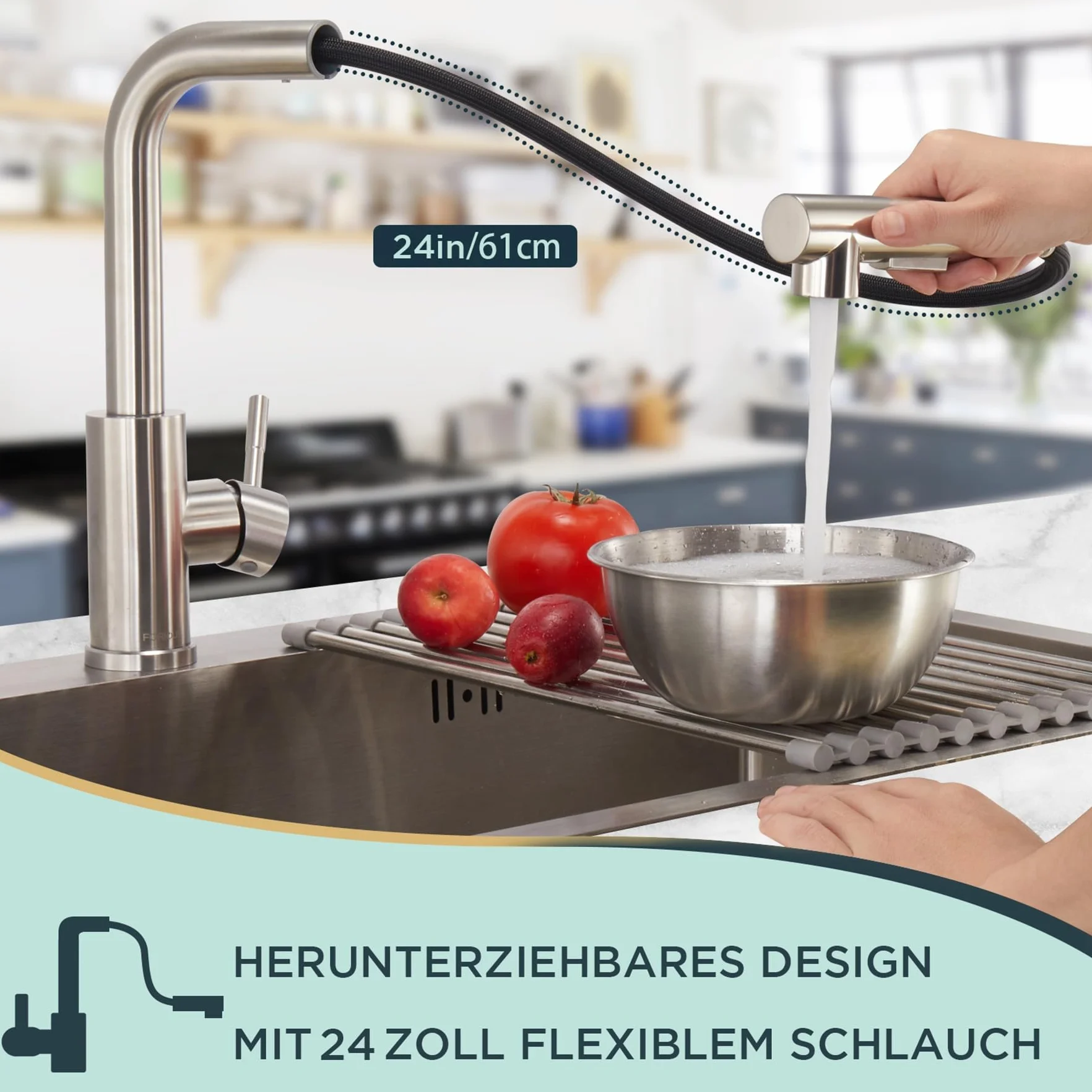 FORIOUS Bateria Kuchenna z Wyciąganą Wylewką, Kran Kuchenny, Baterie Kuchenne Zlewozmywakowe, Stal Nierdzewna, 360° Obrotowa z Funkcją Podwójnego Natrysku